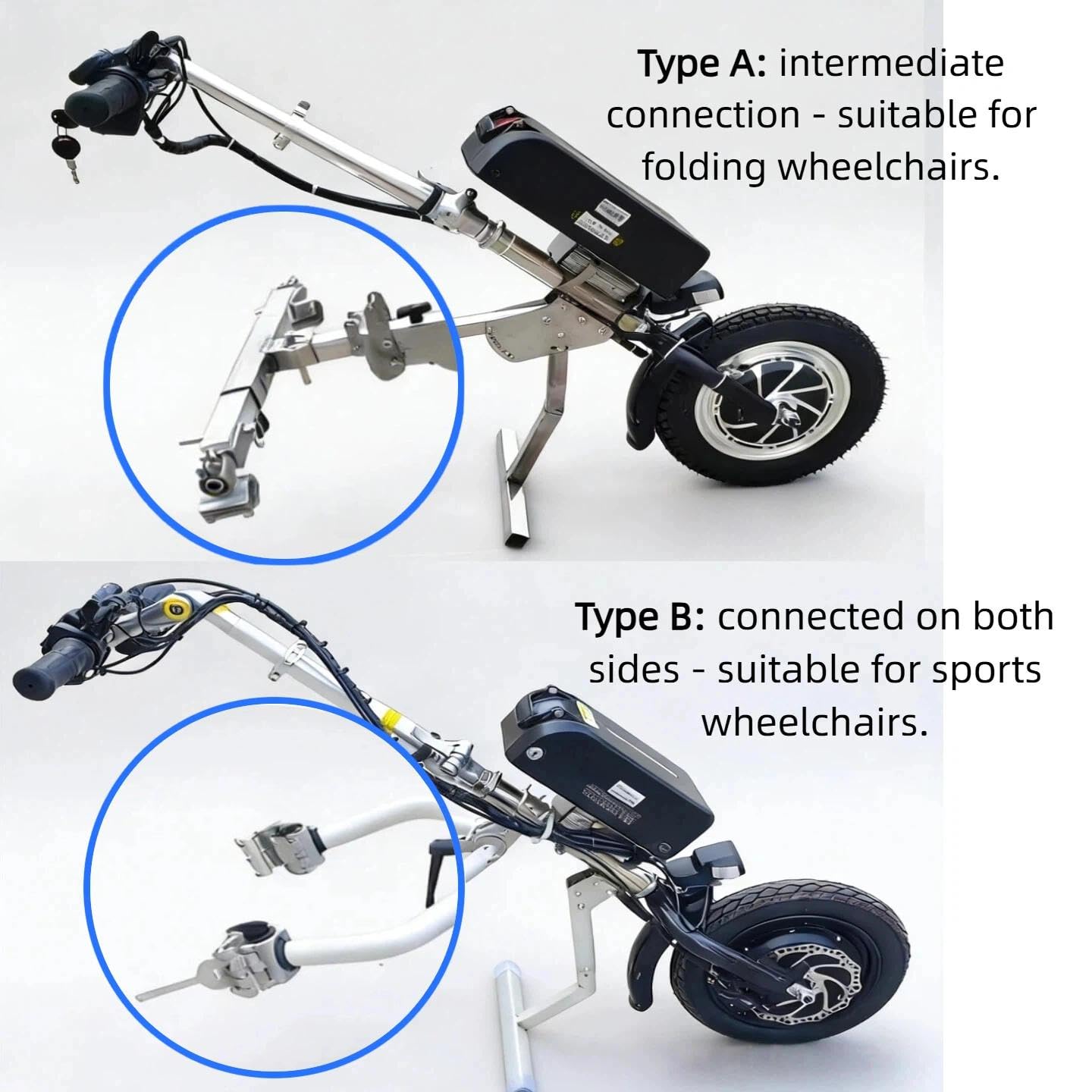 500W Handbike Eléctrica para Silla de Ruedas, Kit de Conversión con Batería de Litio 17Ah (70km), Dispositivo de Tracción Profesional en Acero Inox para Chasis Plegable o Fijo(A)