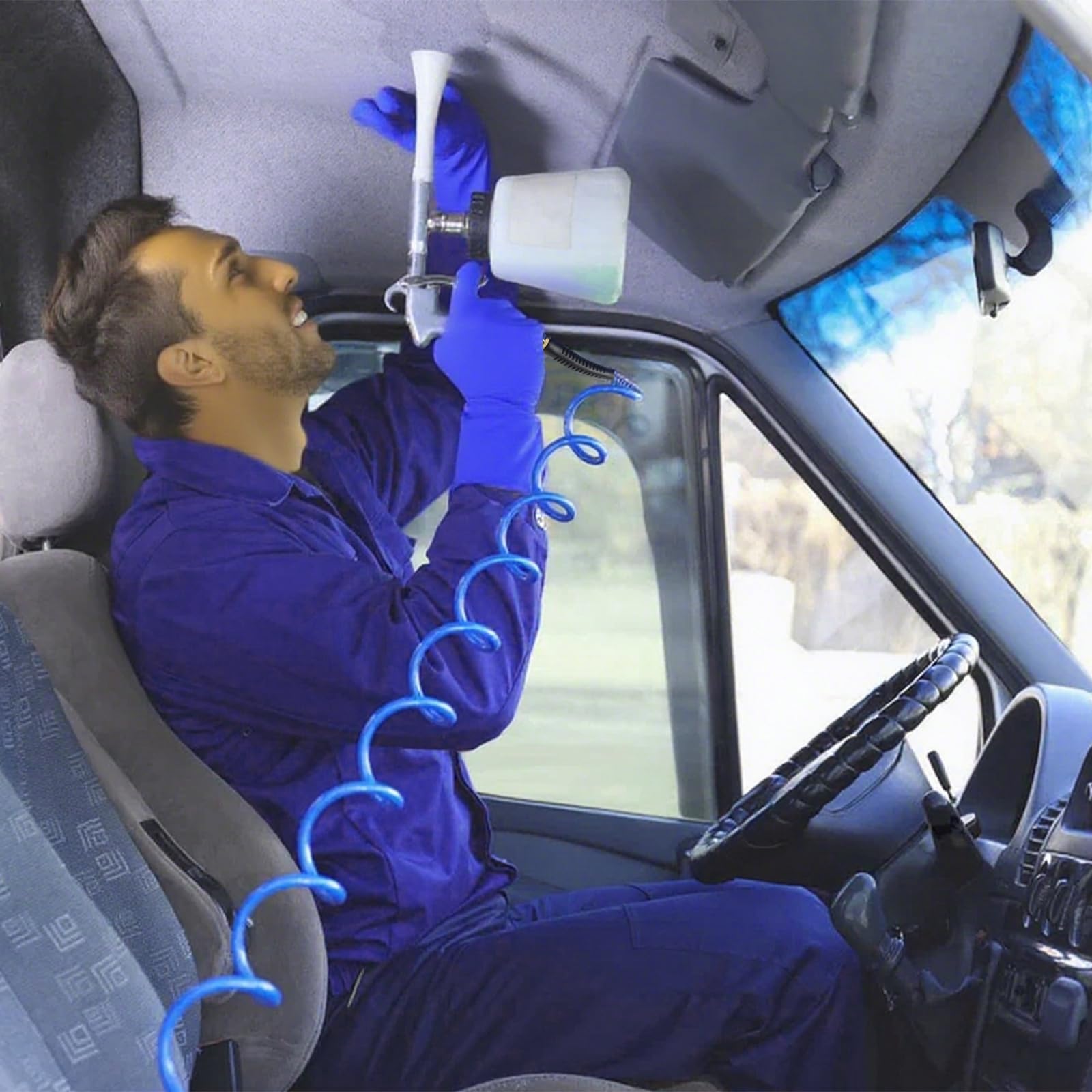 Manguera para Compresor de Aire, Longitud 10 m, 6 mm DI x 9.5 mm DE, con Limitador de Curvatura, Acople Rápido y Enchufe, Azul