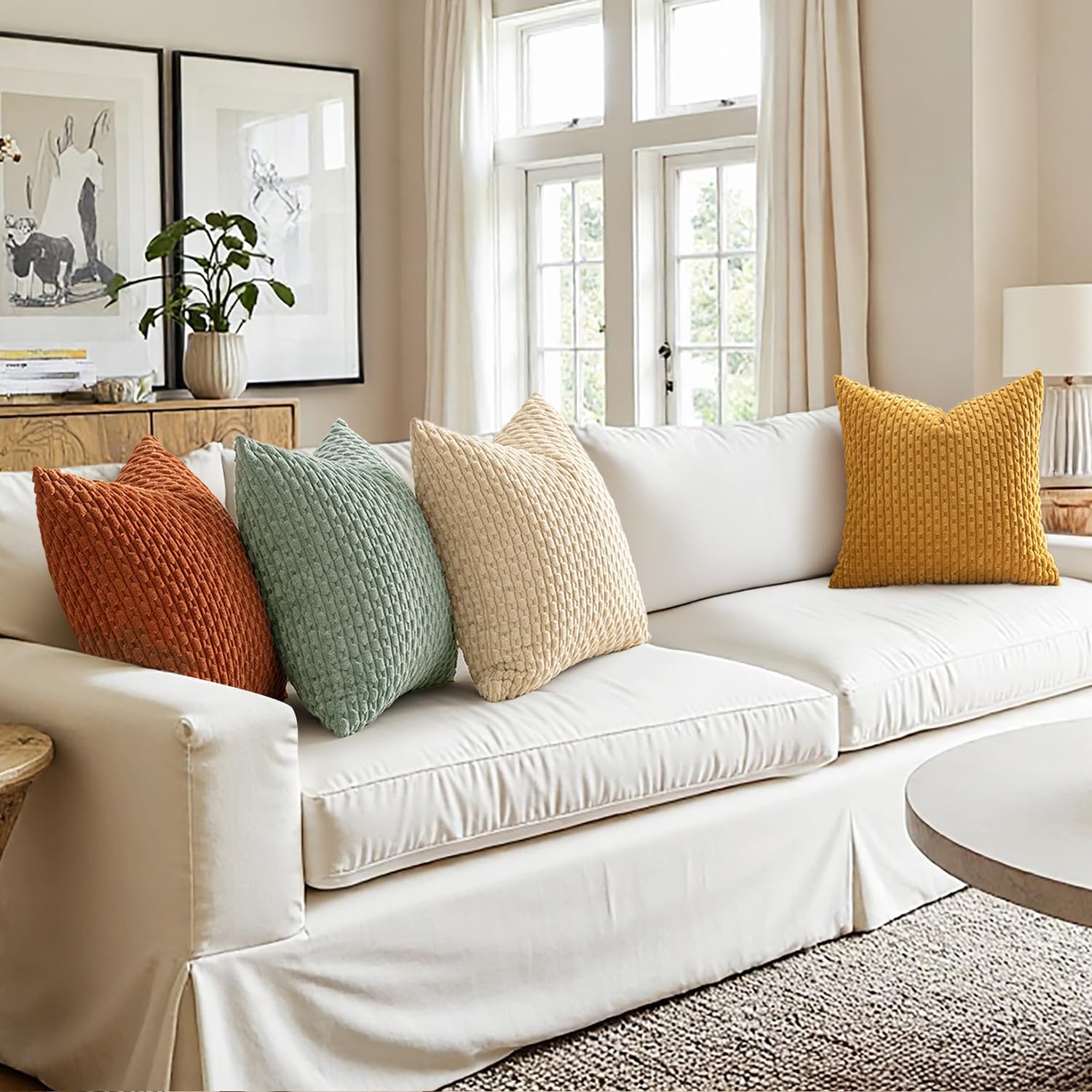 MIULEE Teal Orange Decorative Throw Pillow Covers for Couch Boho Farmhouse Cushion Covers Soft Corduroy Pillowcase Rustic Home Decor for Bed Sofa Living Room 18x18 Inch Set of 4