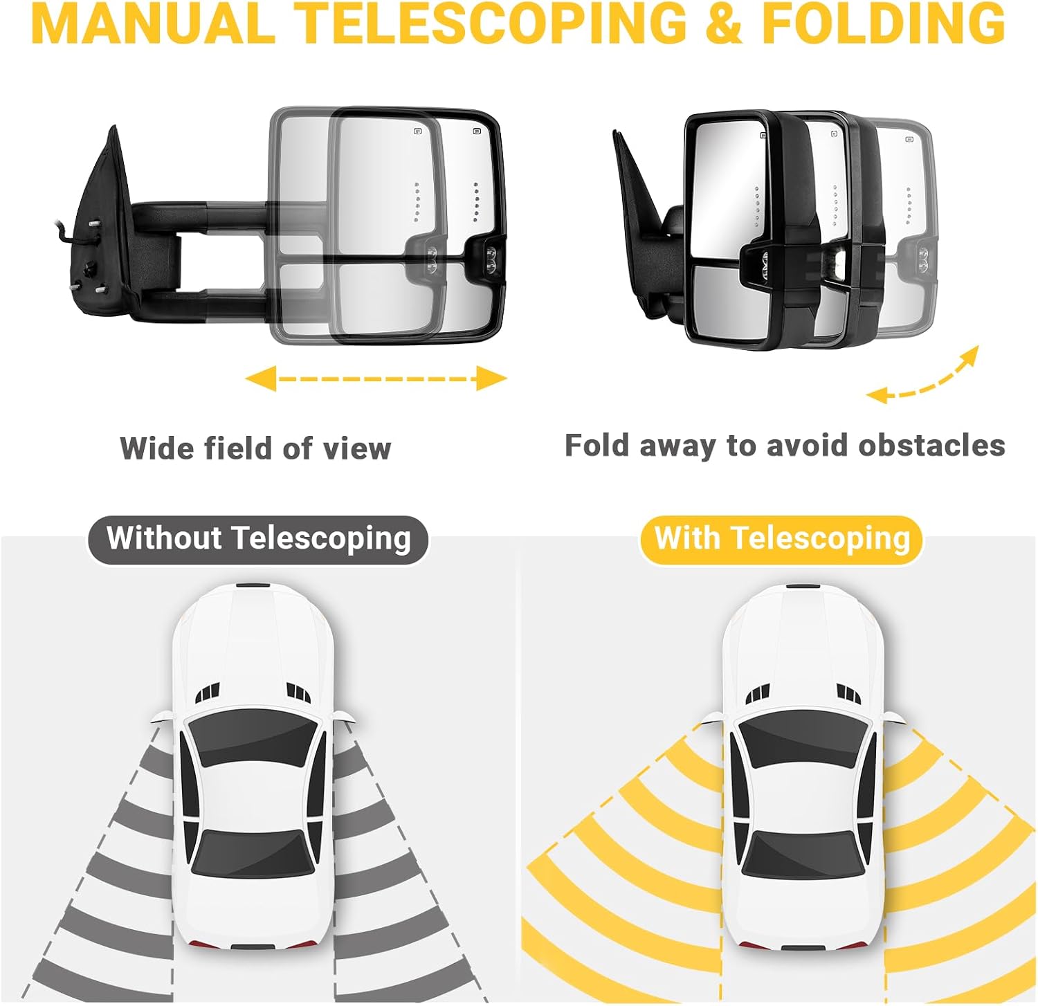 Sanooer Switchback Towing Mirrors Painted Black Light Compatible with 2003-2007 Chevy Silverado GMC Sierra Tow Mirrors with Dynamic Turn Signal Running Light Backup Power Heated, Unpainted Black