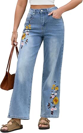 EZAPINE Women's Floral Embroidered High-Waist Jeans