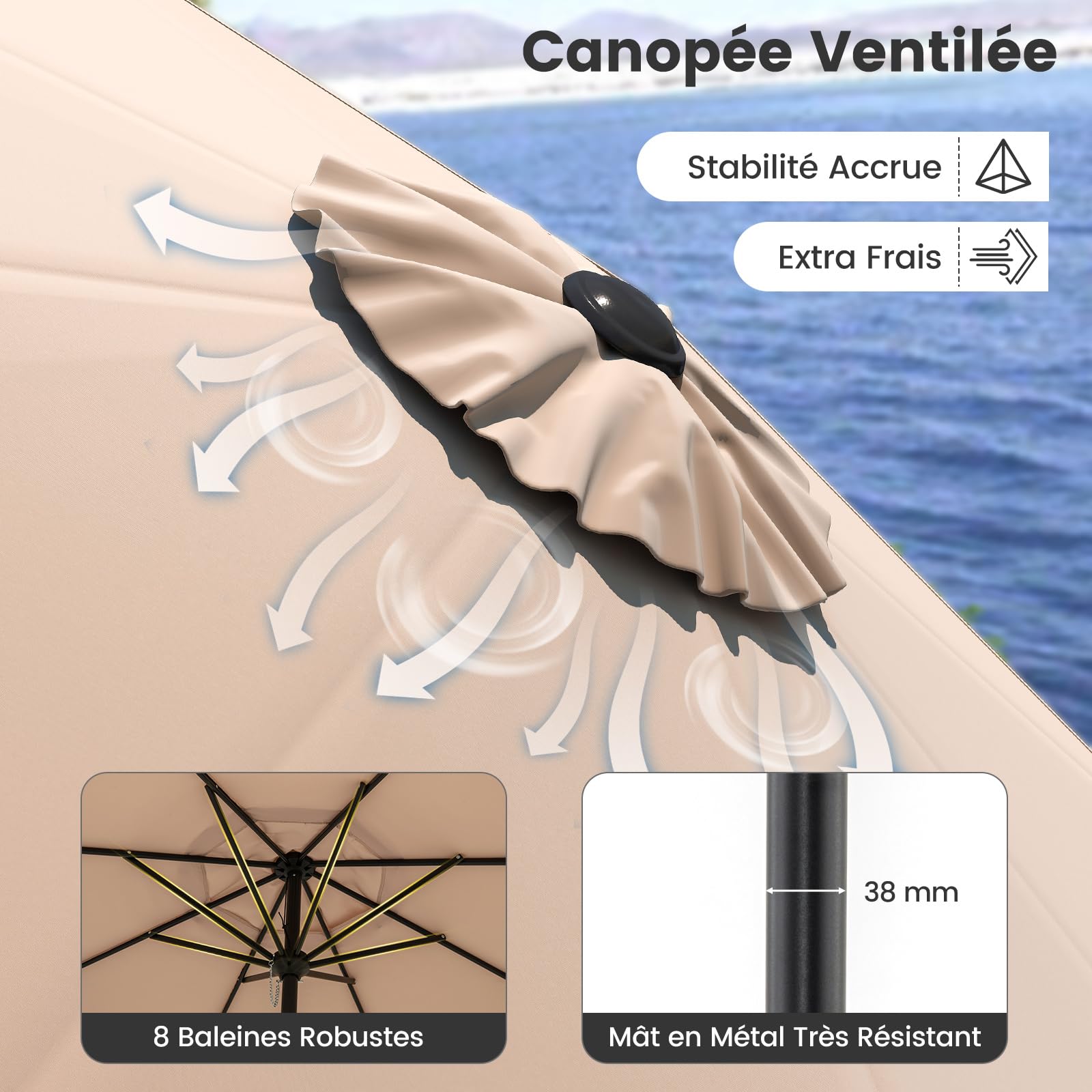 COSTWAY Parasol de Jardin Exterieur 270 cm, Parasol Balcon Solaire, 35 ° Inclinaison, Manivelle, Tissu Polyester, Toit Ventilé, Goupille de Sécurité, 8 Baleines, pour Terrasse Piscine Plage (Brun)