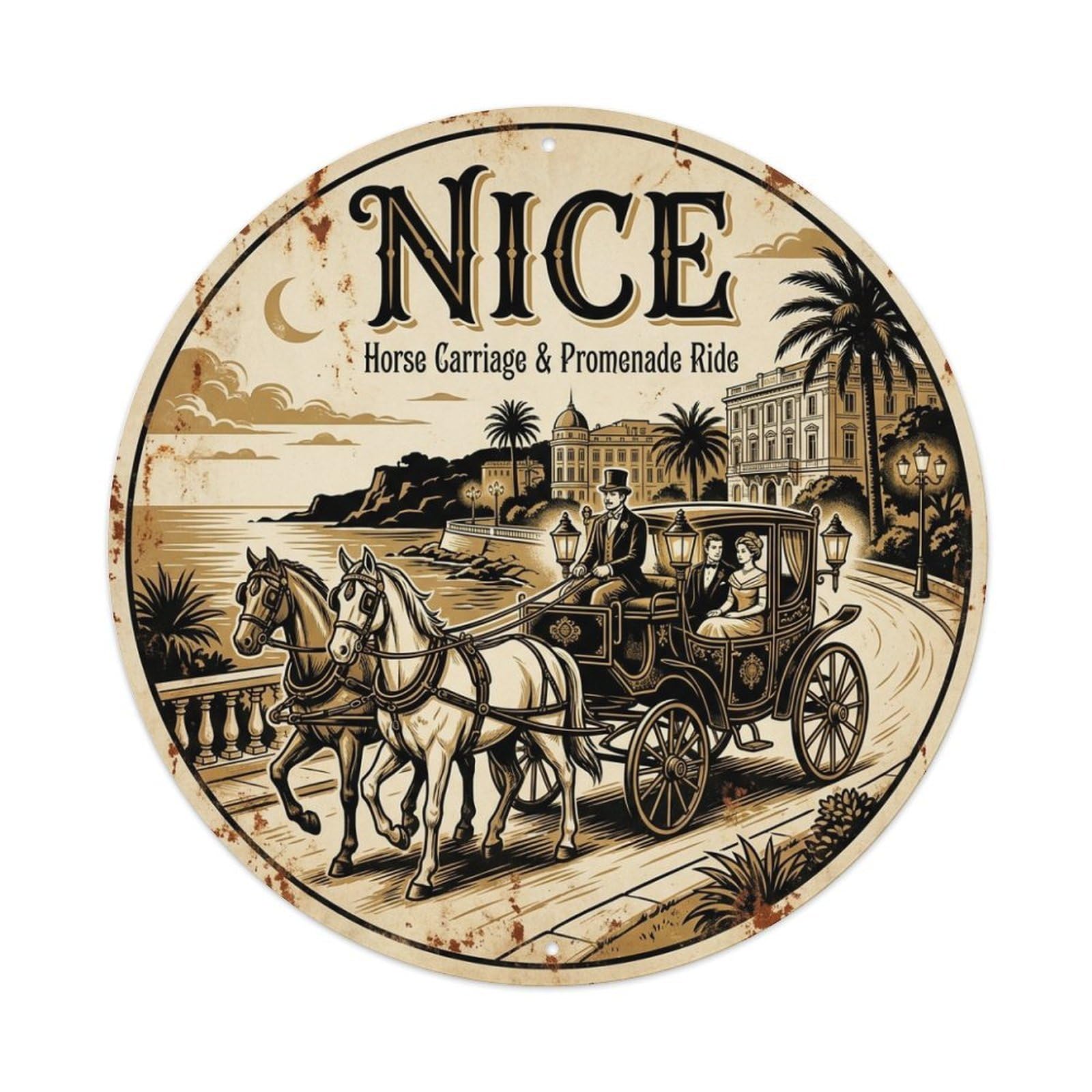 Nice Coastal Route Horse Carriage Promenade Ride Travel Metal Tin Sign