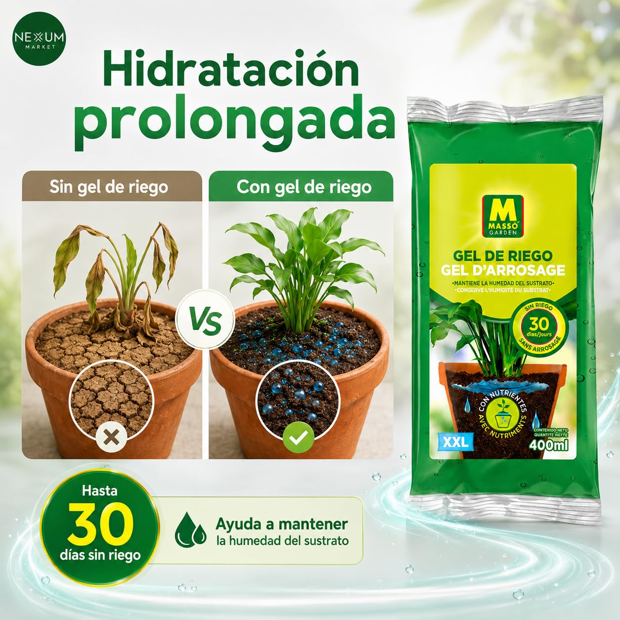 Pack x5 Gel De Riego XXL 400 ml – Hidratación Para Plantas Hasta 30 Días, Agua Gelificada Con Nutrientes NPK y Micronutrientes, Ideal Para Macetas, Jardineras y Vacaciones | Nexum Market