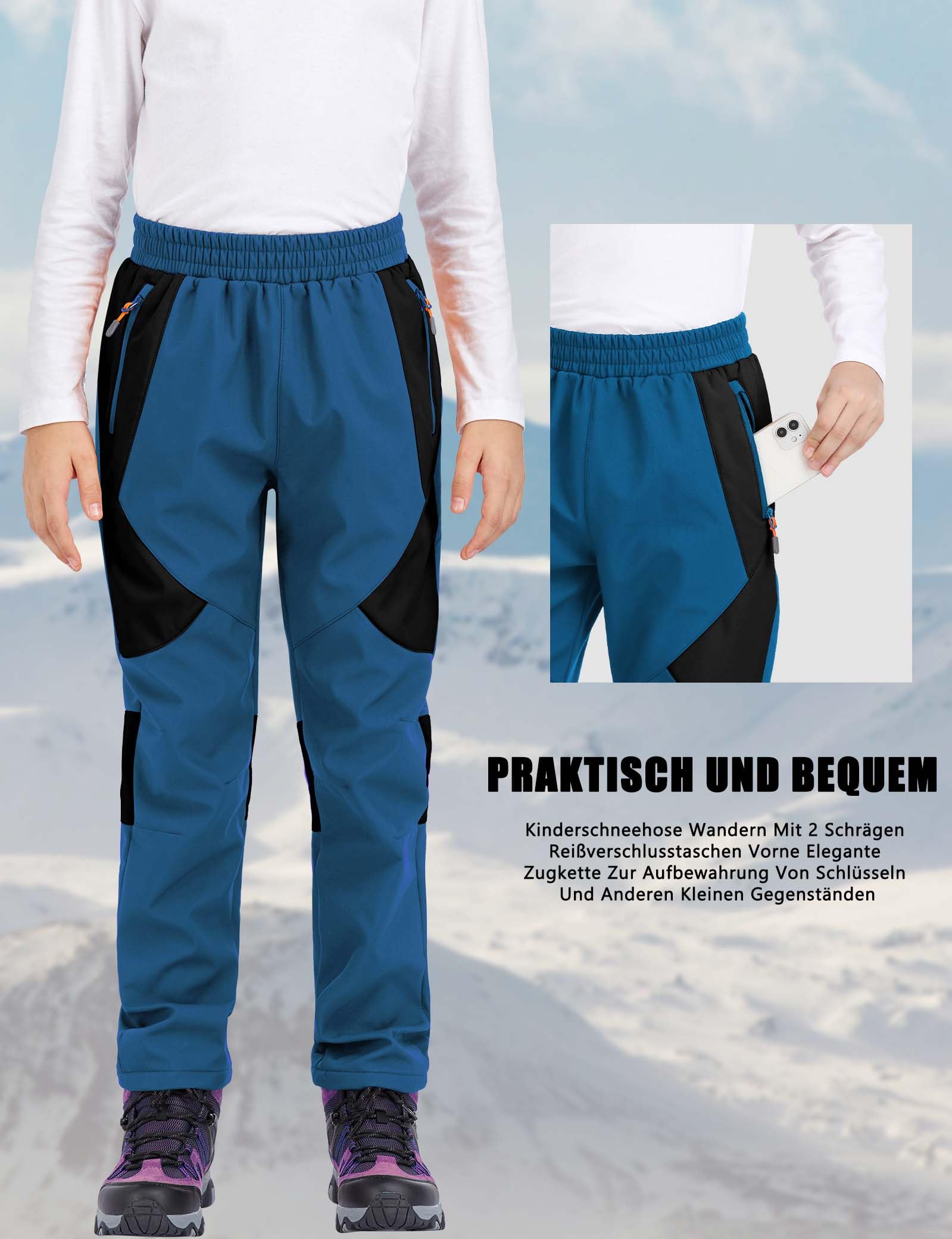 Bambini Snow Ski Pants Hiking Outdoor Impermeabile Windproof Fleece Caldo Snowboard Pants -Blue+Black-152-158