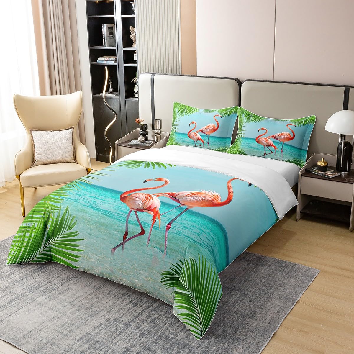 Queen Duvet Cover Set - Tropical Palm Leaves Print (3-Piece) | 100% Cotton, Green & Pink