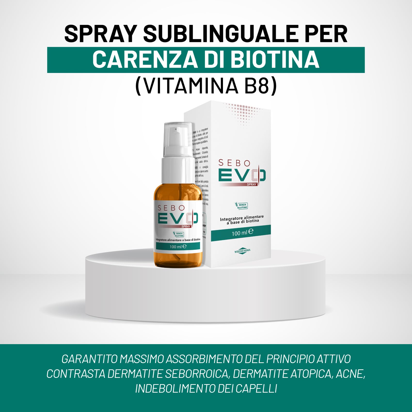 Sebo EVO spray sublinguale per carenza di Biotina (Vitamina B8). Garantito massimo assorbimento del principio attivo. Contrasta dermatite seborroica, dermatite atopica, acne, indebolimento dei capelli