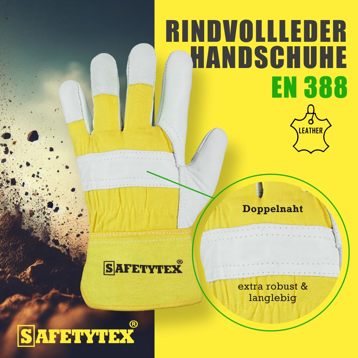 Safetytex Rindvollleder Arbeitshandschuhe EN388 robust (Gr. 10, 24 Paar) | Lederhandschuhe für Bau- und Gartenarbeit, doppelt genähte Nähte, strapazierfähig, langlebig, hoher Komfort