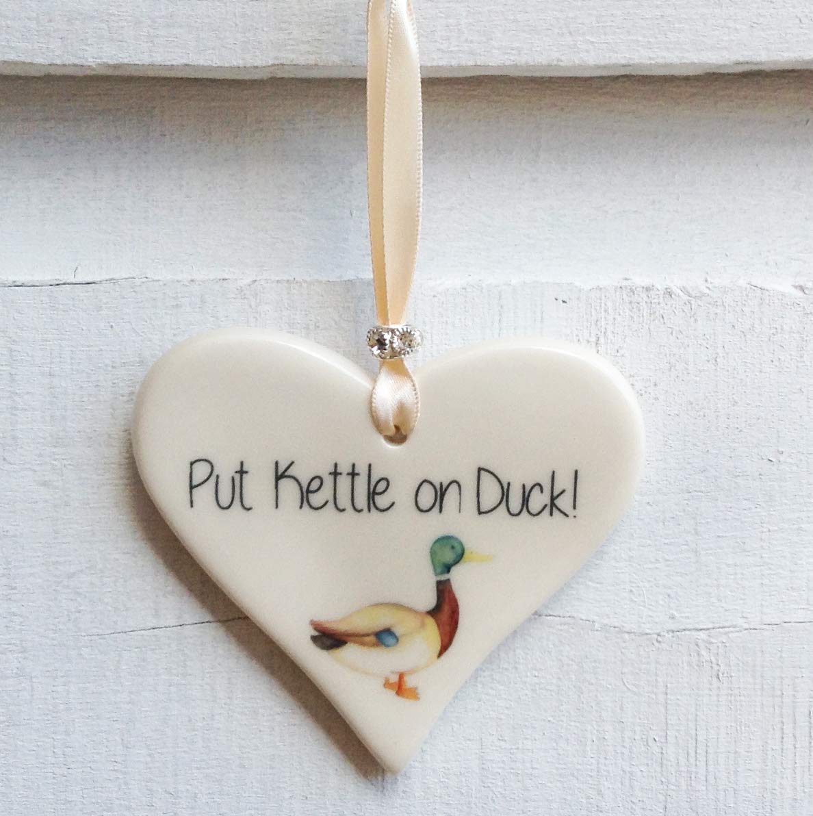 Dimbleby Ceramics Put Kettle On Duck Design Heart Shaped Ceramic Decoration Bauble -Handmade in Stoke-on-Trent