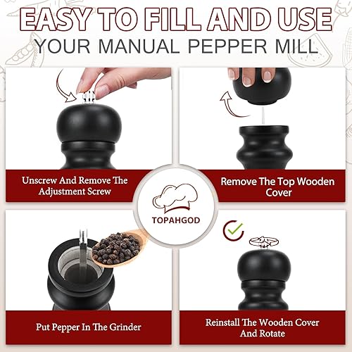 Miniatura 11 de Juego de 2 molinillos de sal y pimienta, molinillo de pimienta manual y molinillo de sal con rotor de cerámica ajustable y junta de acero Negro