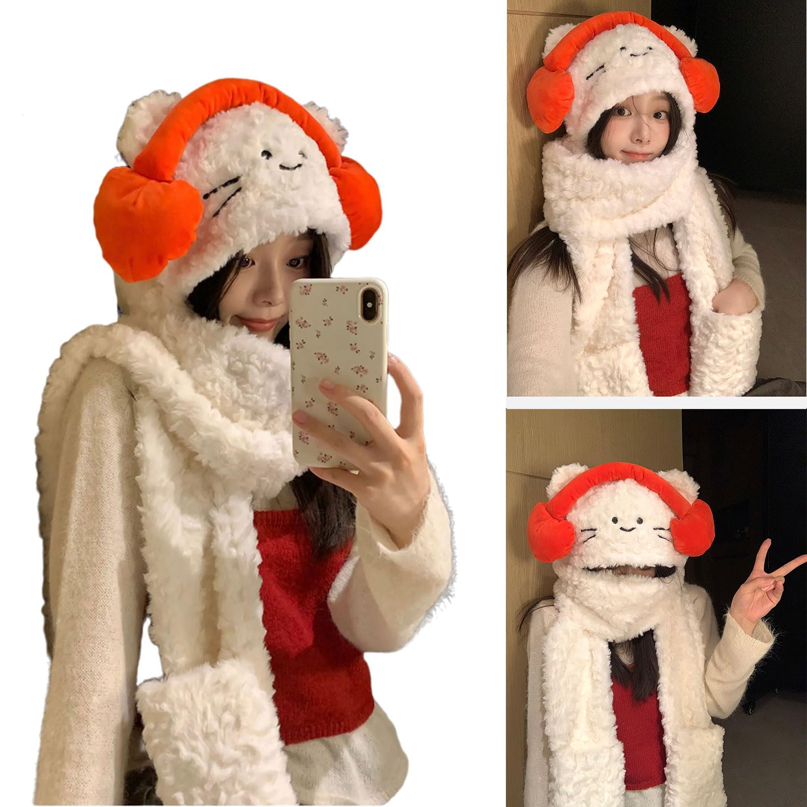 Neck Scarf Gloves Hat for Women Teens Winter Autumn Warm Trapper Hat Windproof Ear Flap Hat for Outdoor Hiking Skiing Orange
