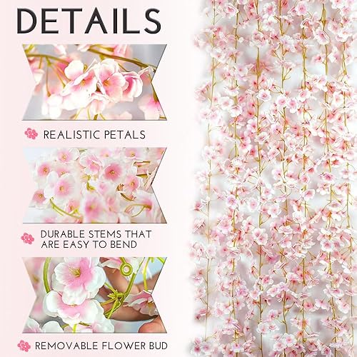 Miniatura 3 de 10 PIEZAS Guirnalda de flores de cerezo artificial de seda de 59 pies, enredaderas colgantes de flores Sakura para bodas, fiestas, hogar, arco,
