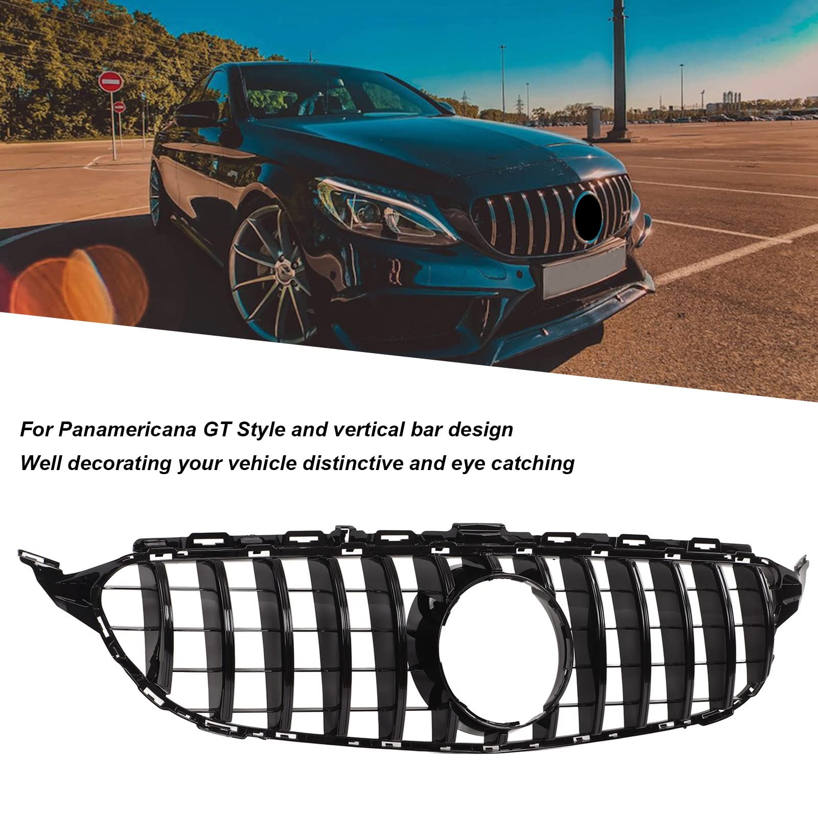 Aramox dla Panamericana GT Style Maskownica z Siatkową Maskownicą Zamiennik dla C Klasa W205 C205 Przed Liftingiem 2015-2018(pełna czerń)