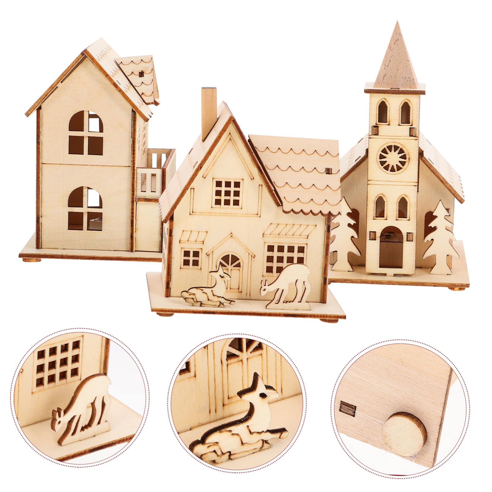 GALPADA 3 Piezas Decoración Navideña de Madera Luminosa Hogar de Casa de Madera LED para Casas Luminosas Decoración Escritorio Hogar
