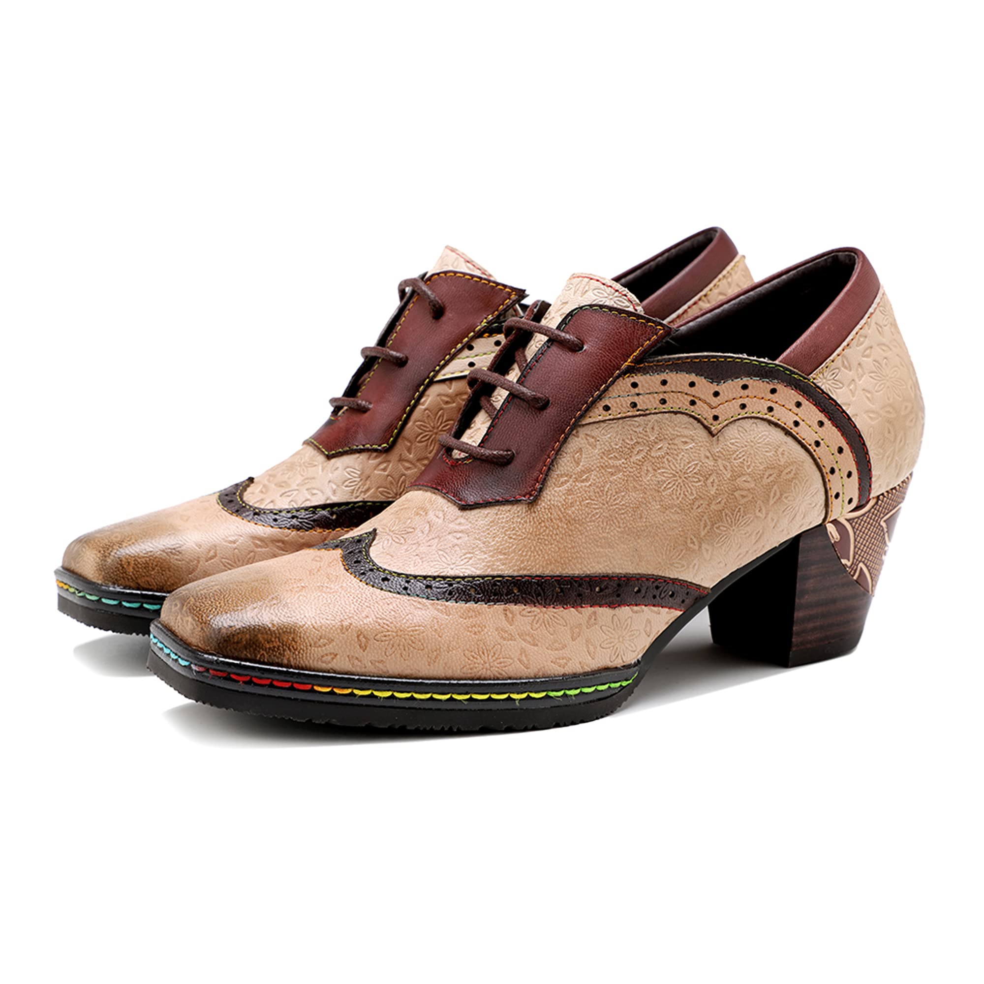 Women's Handmade Lambskin Oxford Loafers Shoes with Retro Ethnic Printed Style, Brock Design for Casual and Fashion Collegiate Style