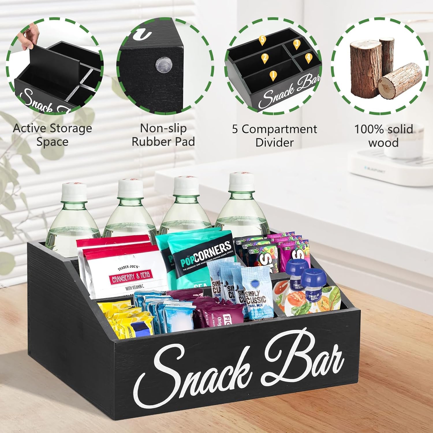 Snack Organizer for Countertop, Wooden Snack Tray and Food Storage Bins, Large 5-Compartment Snack Basket for Pantry, Kitchen Cabinet Pantry Organizer and Storage Bins for Packets - Image 7