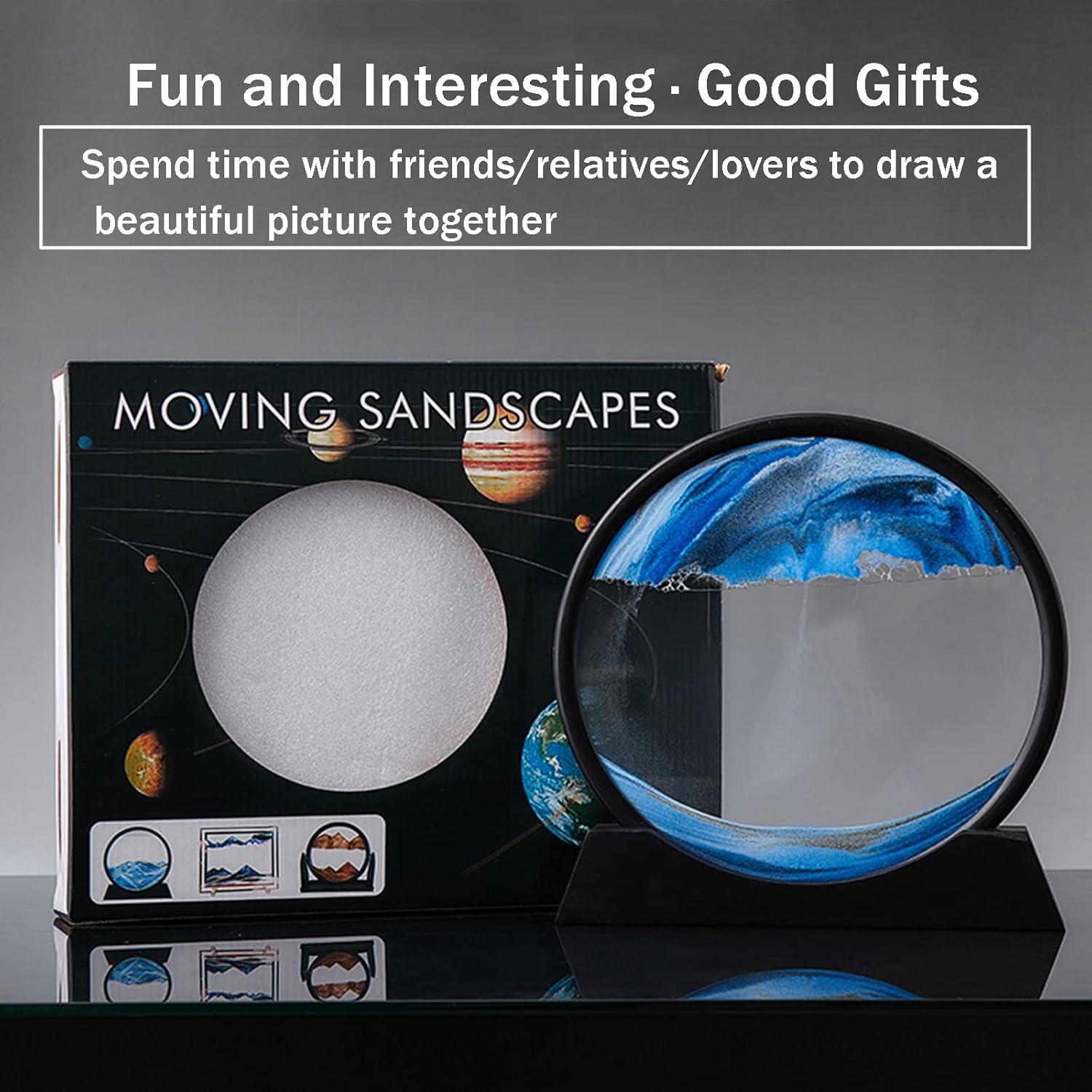 Flowing Sand Painting,Moving Sand Art Pictures 3-d, Quicksand Painting Ornaments, Round Glass 3D Frame, Dynamic Sand Art Liquid Motion, Office Desktop Decor, Relaxing Gift(Size:25×27 cm,Color:Blue) (