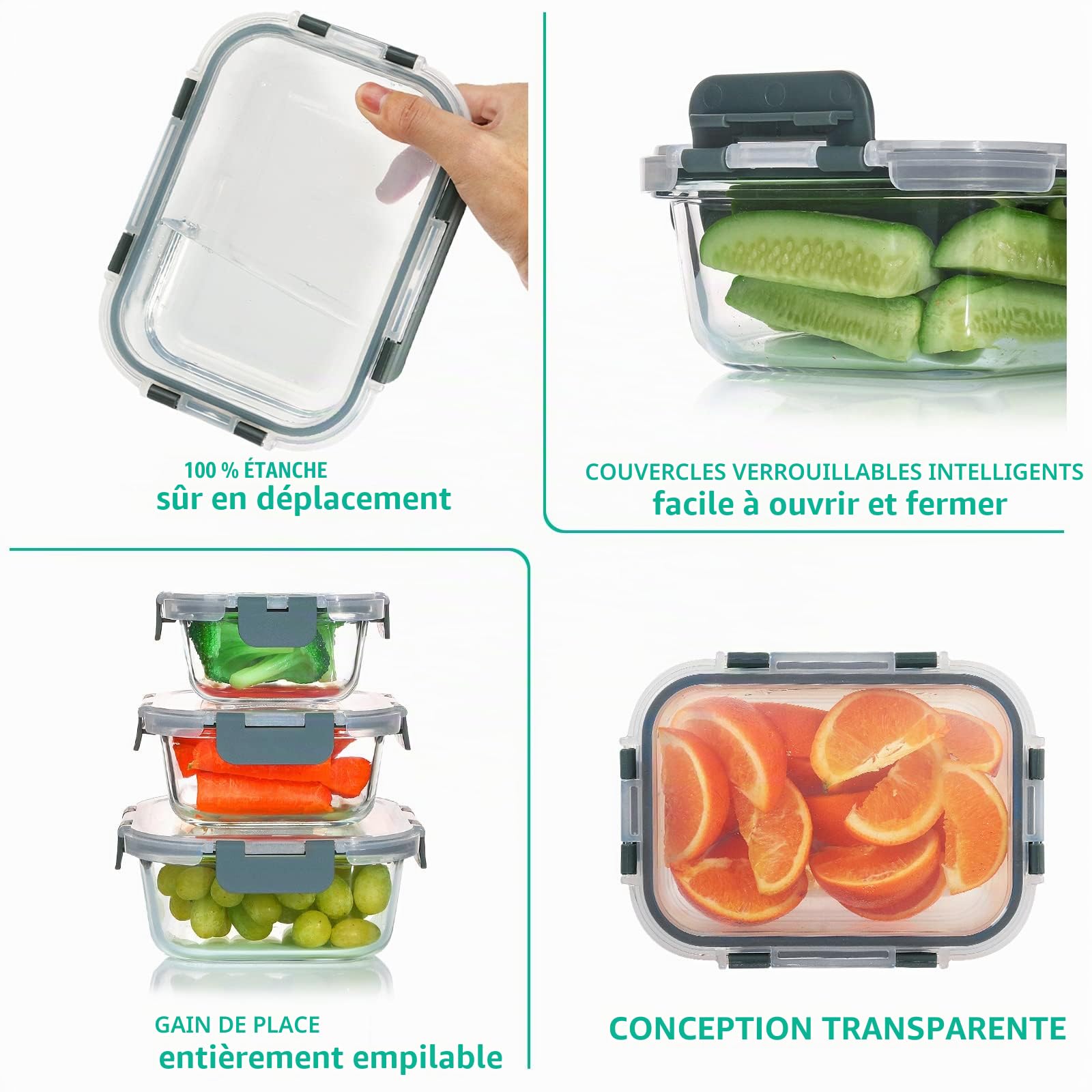 KOMUEE Lot de 12 récipients en verre avec couvercle, contenants repas en verre hermétiques sans BPA - boîtes de conservation pour micro-ondes et congélateur
