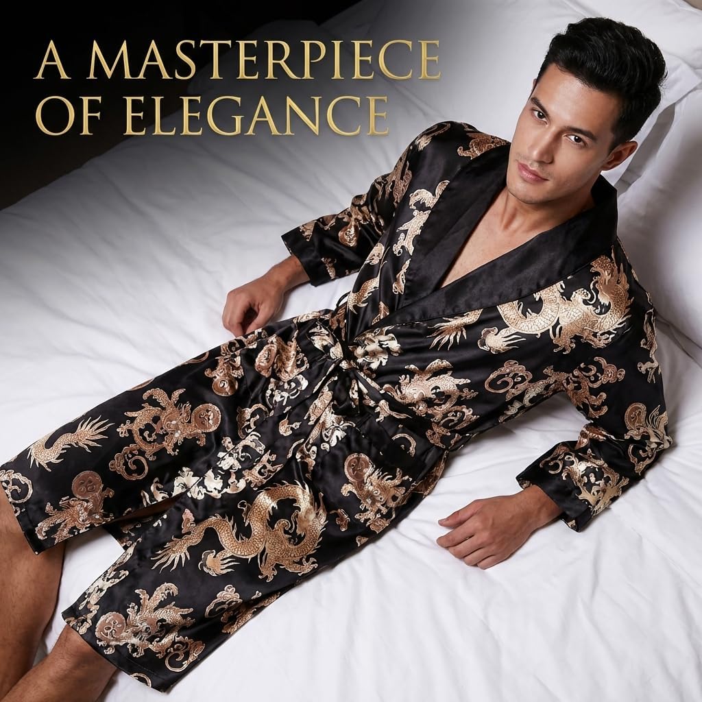 Mens Satin Robe Silk Long Sleeve Kimono Bathrobe Sleepwear Loungewear