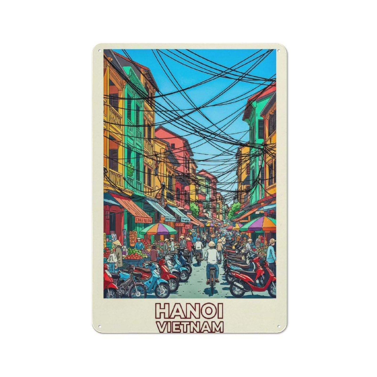 Junmoney Style-24 Vintage Tin Sign 30X20cm With Hanoi Street Scene With Motorbikes For Man Cave Or Games Room, For Winter Room Styling In Man Cave And Games Room