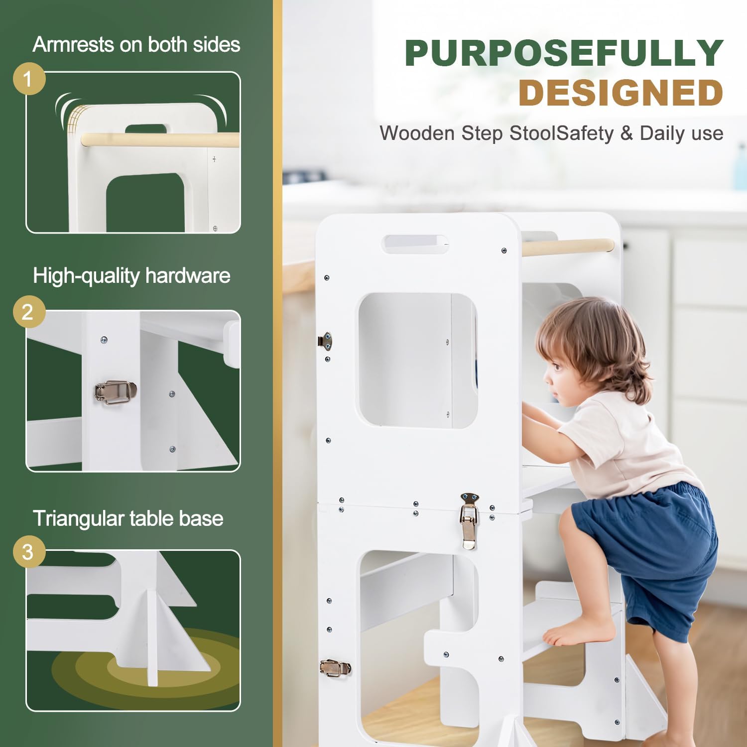 Design features of the Labebe Learning Tower, highlighting armrests, high-quality hardware, and triangular table base.