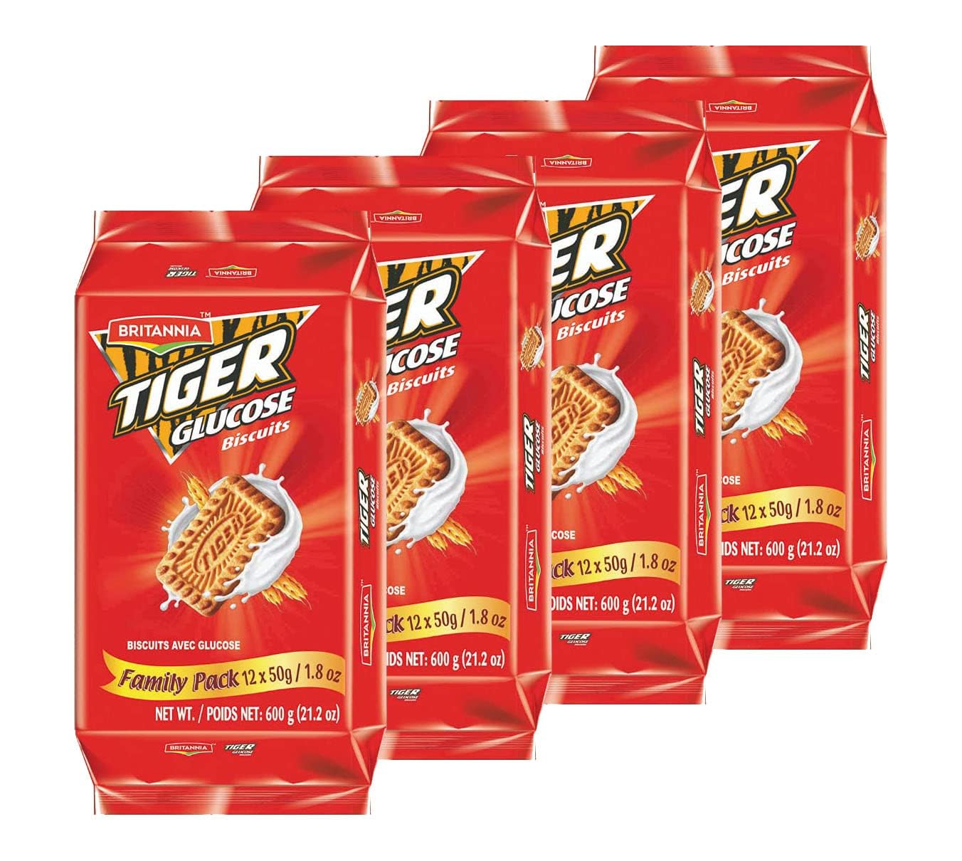 Britannia Tiger Glucose Biscuits Family Pack 21.2oz (600g) - Healthy & Delicious - Kids Breakfast & Tea Time Snacks (Pack of 4)