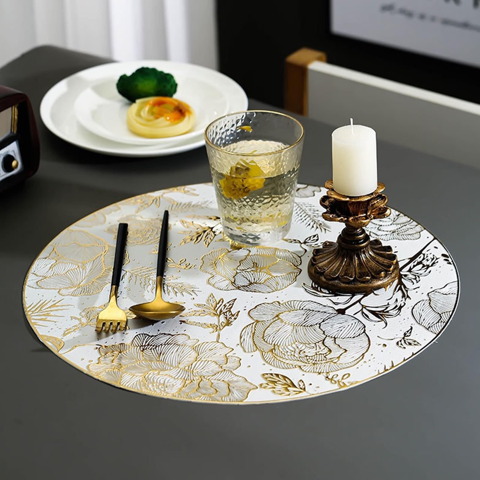 Tischsets Platzsets Retro Vintage 6er Set, Tisch Untersetzer Herbst 38cm Blumen- und Blättermuster PVC Gold