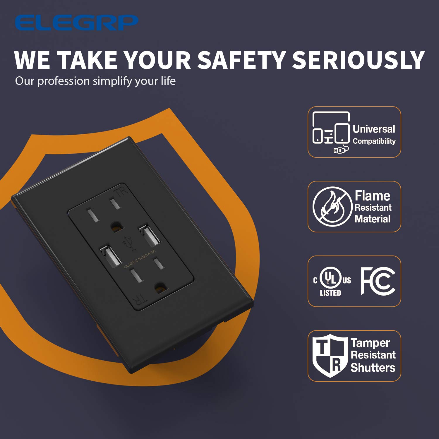 ELEGRP USB Wall Outlet Receptacle with Dual 4.0 A USB Ports, 15 Amp Duplex Tamper Resistant Receptacle, Charging Power Outlet with USB Ports, Wall Plate Included, UL Listed (2 Pack, Glossy Black)