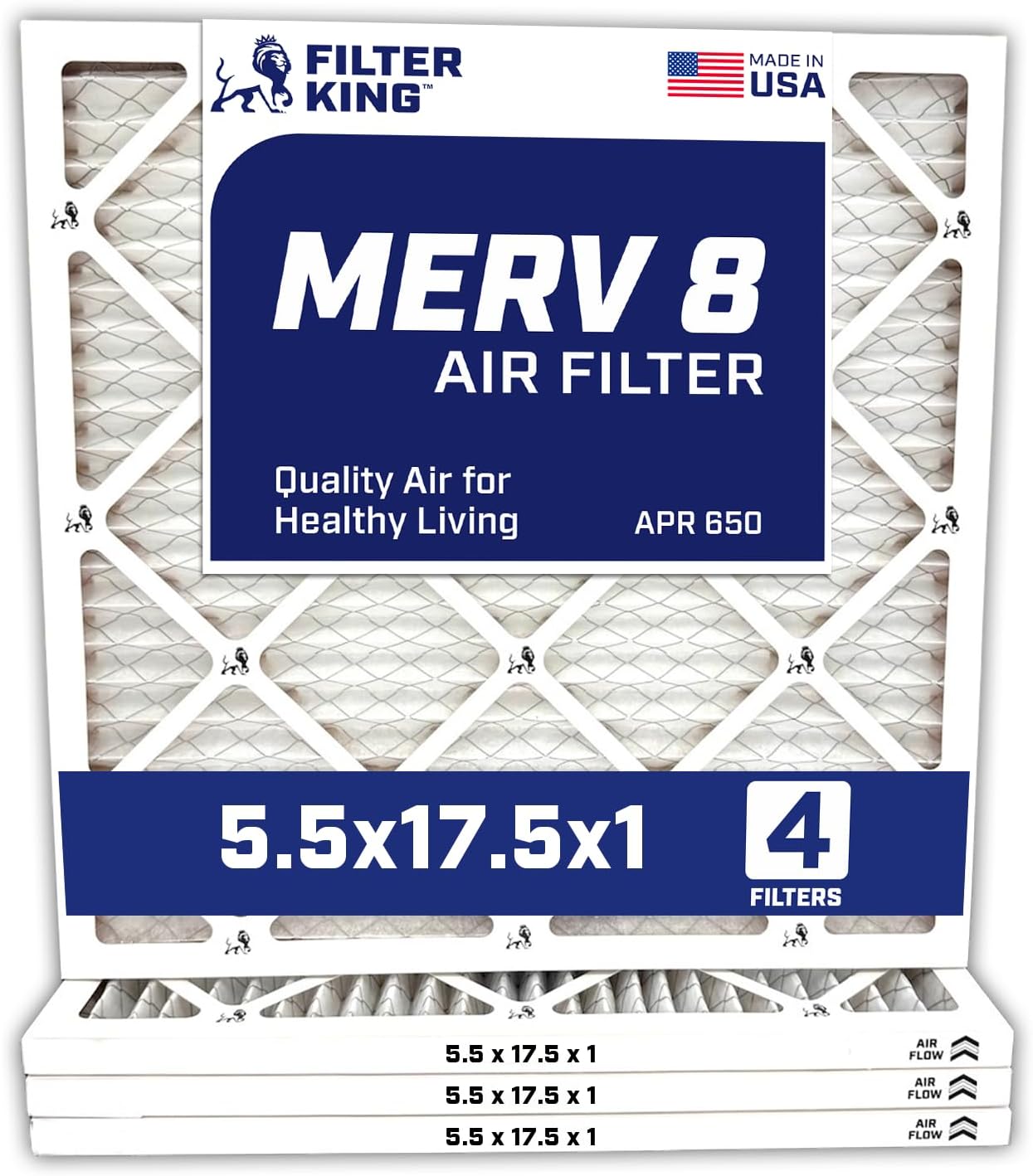 Filter King 5.5x17.5x1 Air Filter | 4-PACK | MERV 8 HVAC Pleated A/C Furnace Filters | MADE IN USA | Actual Size: 5.5 x 17.5 x .75"