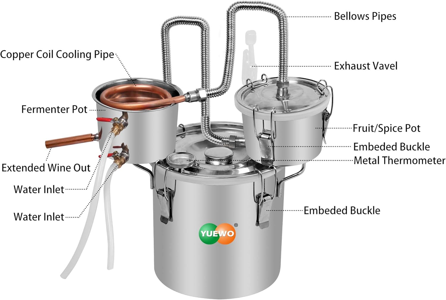 YUEWO New 3 Pots DIY 8 Gal 30 Litres Still Alcohol Ethanol Spirits Stainless Steel Boiler Water Home Distiller Wine Making Kit