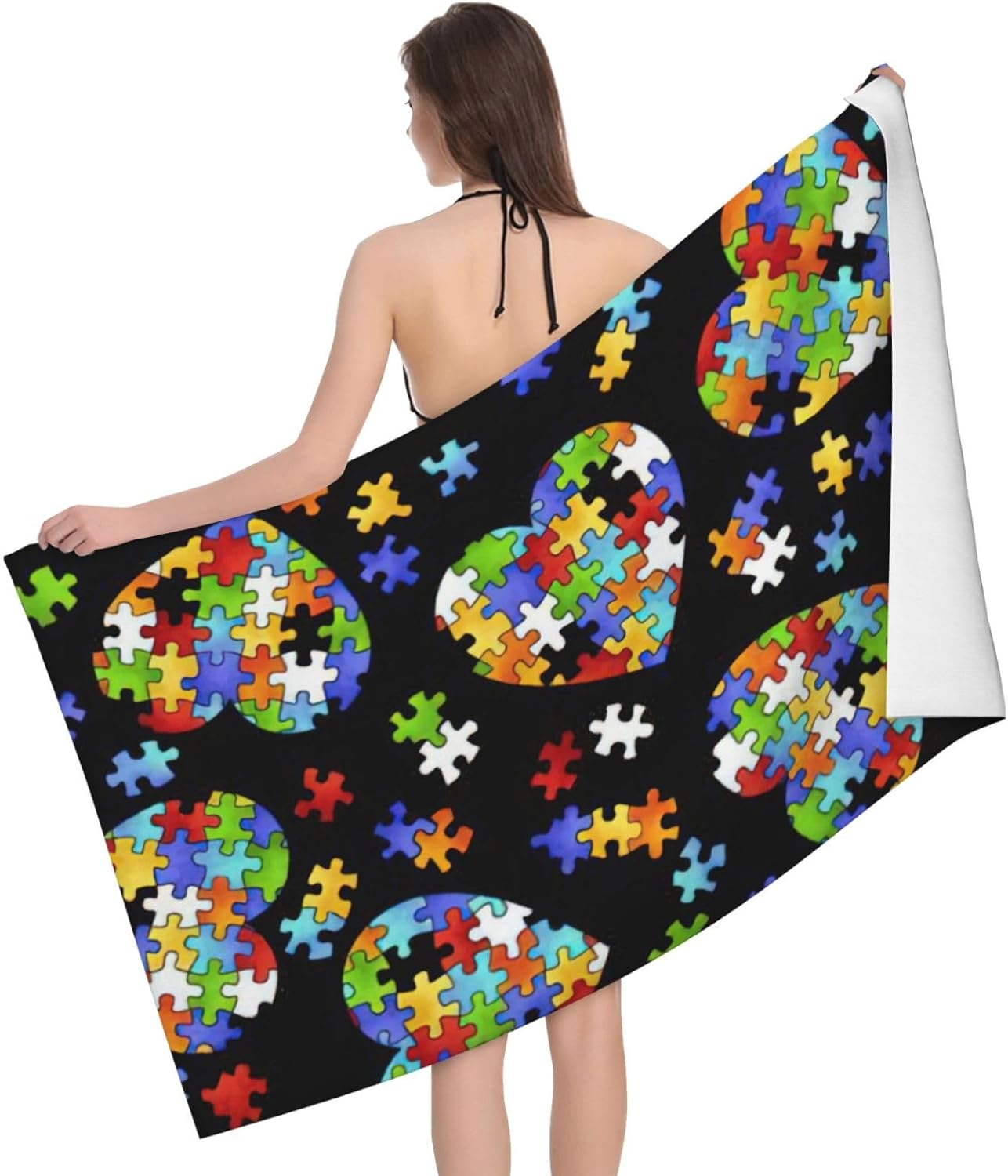 Autism Awareness Puzzle Pieces Heart Print Microfiber Absorbent Beach Towel Yoga Gym Sports,Travel Camping (52″ x 32″)