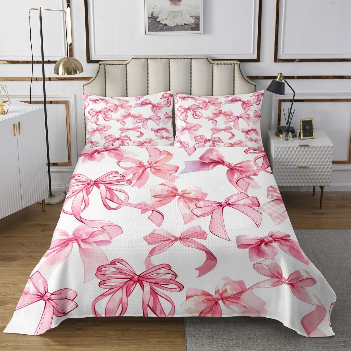 jejeloiu Cute Bowknot Bedspread King Size Coquette Bow Coverlet Set Kawaii Bow Tie Quilted Coverlet for All Season with 2 Pillowcases Dreamy Princess Microfiber Lightweight