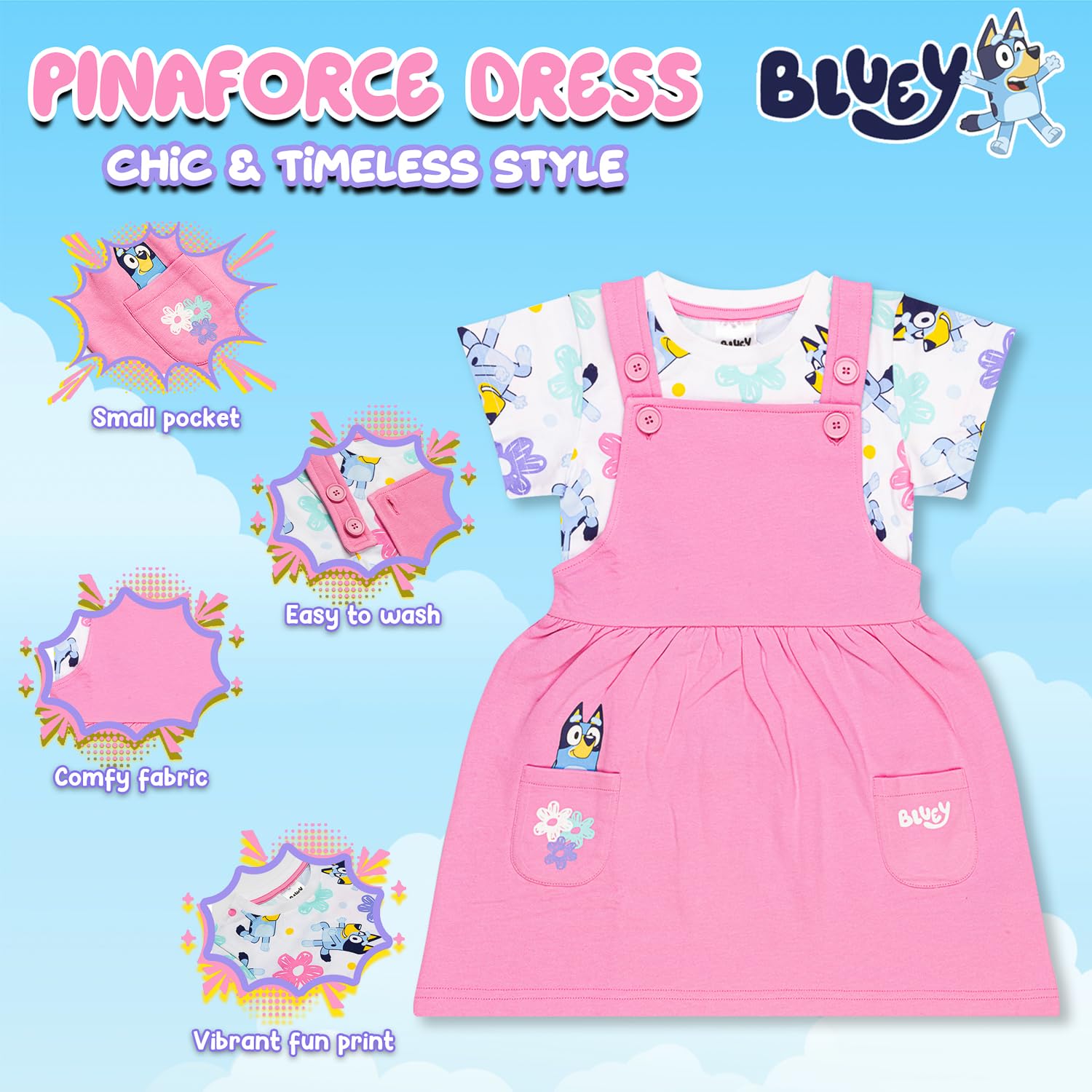 Bluey Conjunto de vestido y camiseta para niñas Rosa con bolsillos Algodón suave