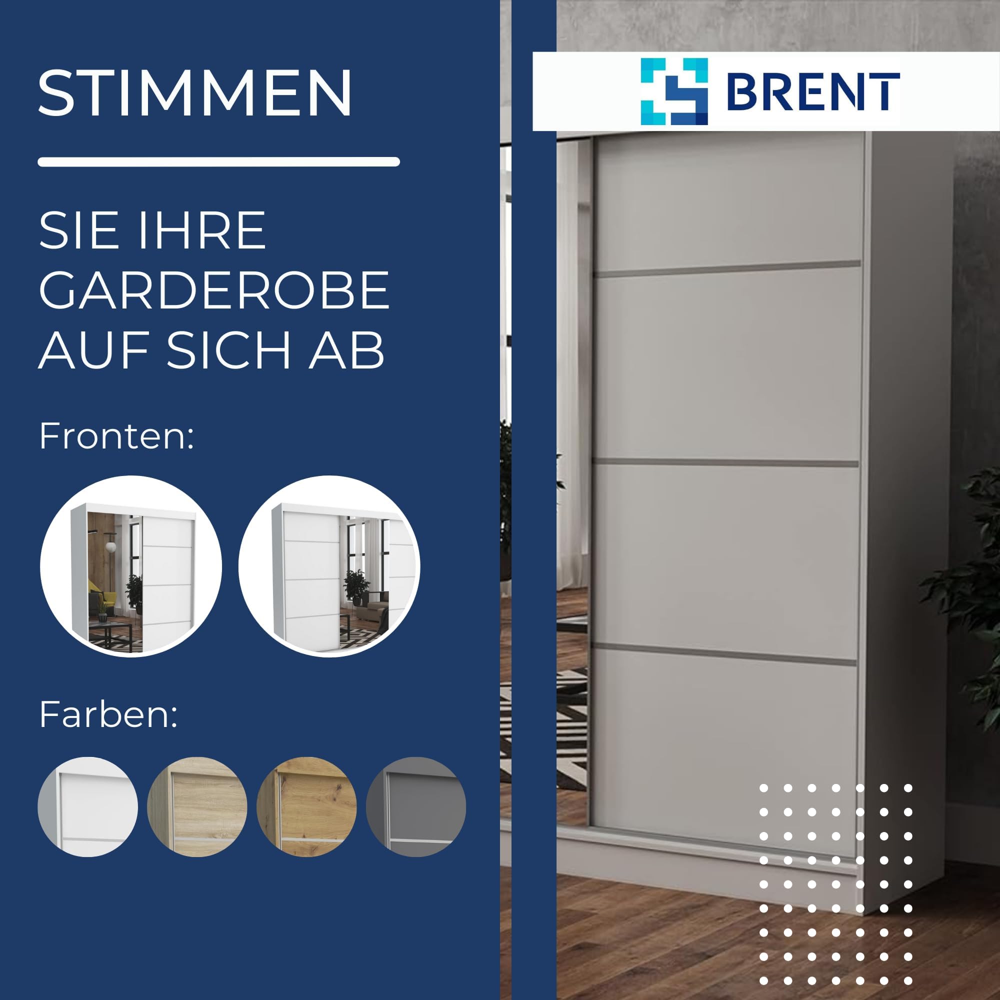 Brent - Kleiderschrank mit Spiegel Tom, 100cm Breit, Schlafzimmerschrank mit 1 Kleiderstange und Einlegeböden für Kleidung, Kleiderschrank Weiß