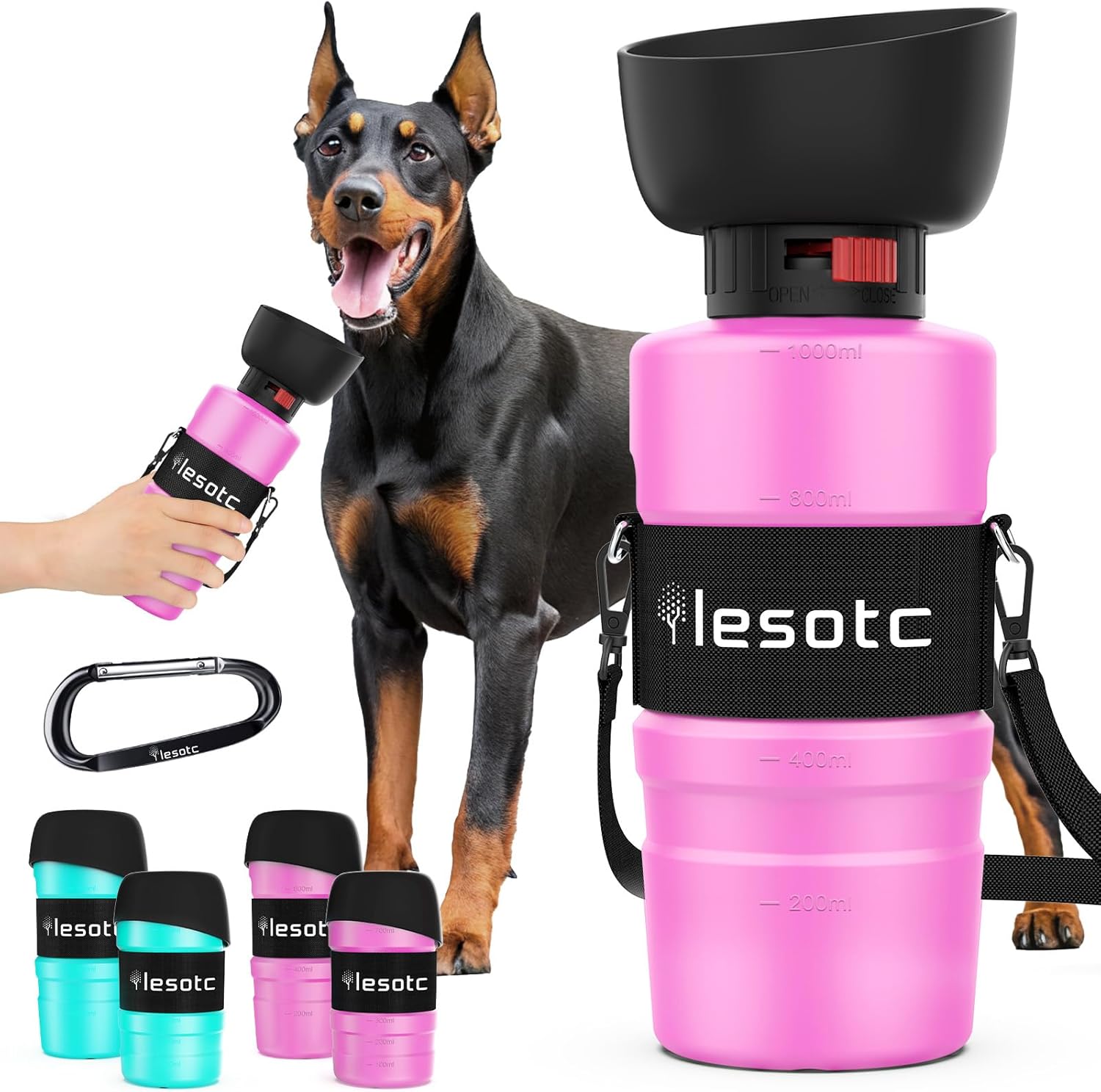 Lesotc Dog Water Bottle, Portable Water Dispenser with Travel Water Bowl, Leak Proof Pet Travel Squeeze Bottle, Puppy Essentials Dog Stuff Accessories for Outdoor Walking, Hiking, Camping
