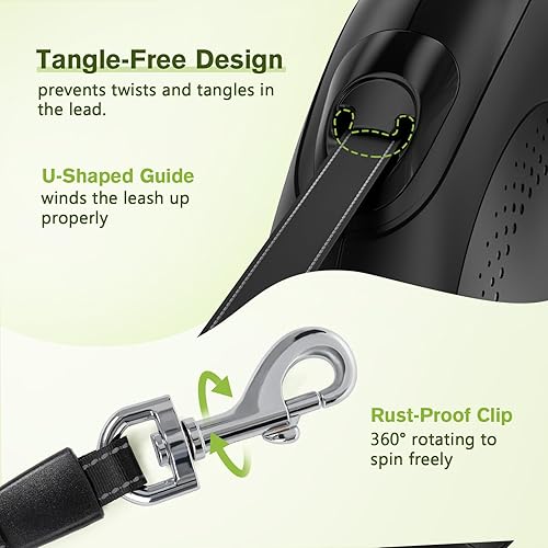 Miniatura 5 de Correa retráctil para perros grandes, correa retráctil resistente de 26 pies para mascotas con soporte para bolsa de excrementos, 360 sin enredos,