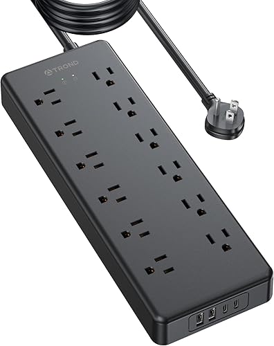 Miniatura 1 de TROND Cable de extensión largo de 15 pies, regleta protectora de sobretensiones con 12 salidas de CA y 4 puertos USB (2 USB C), alimentación de