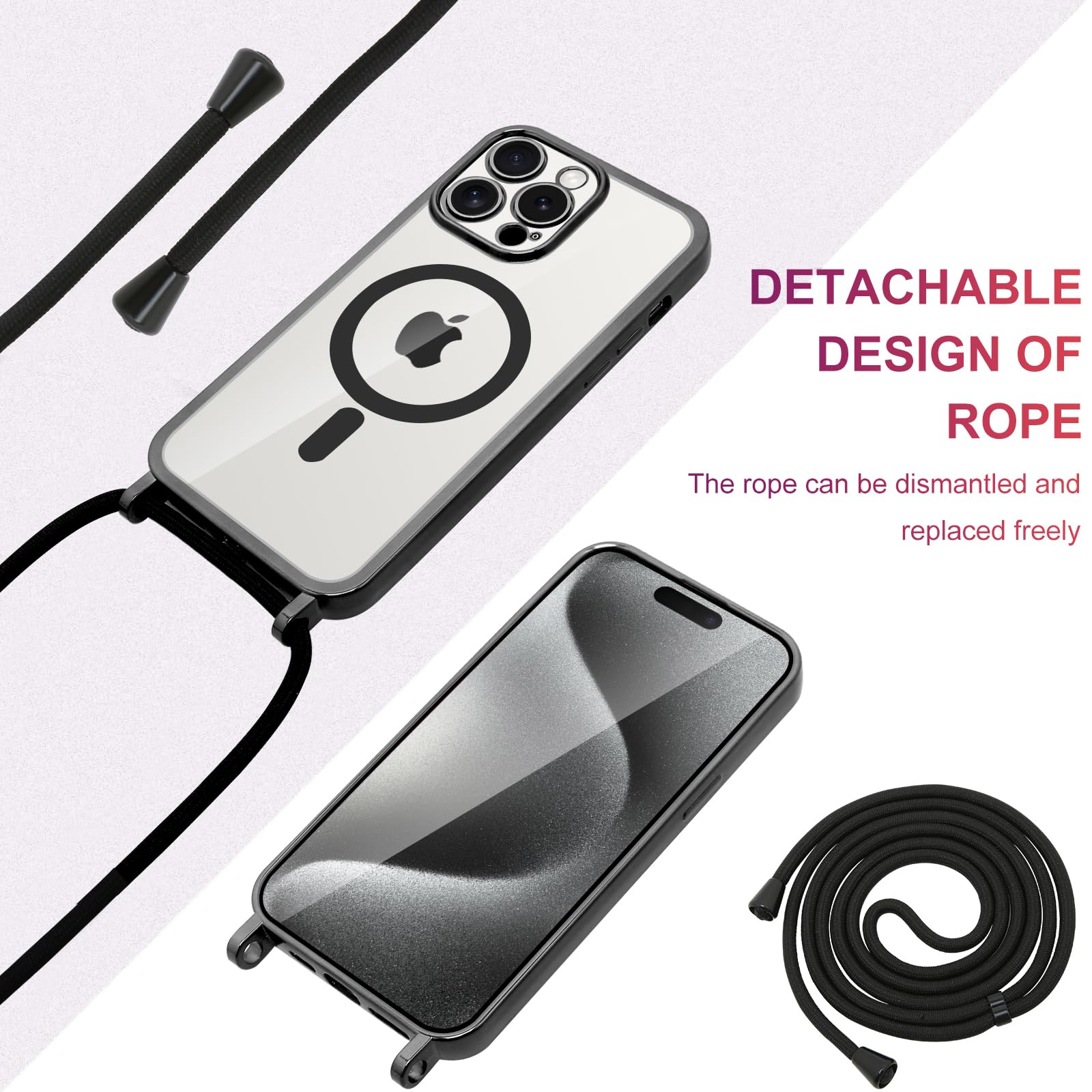 Custodia Per IPhone 15 Pro Con Cordino - Silicone Morbido, Antiscivolo, Nero - Foto 8