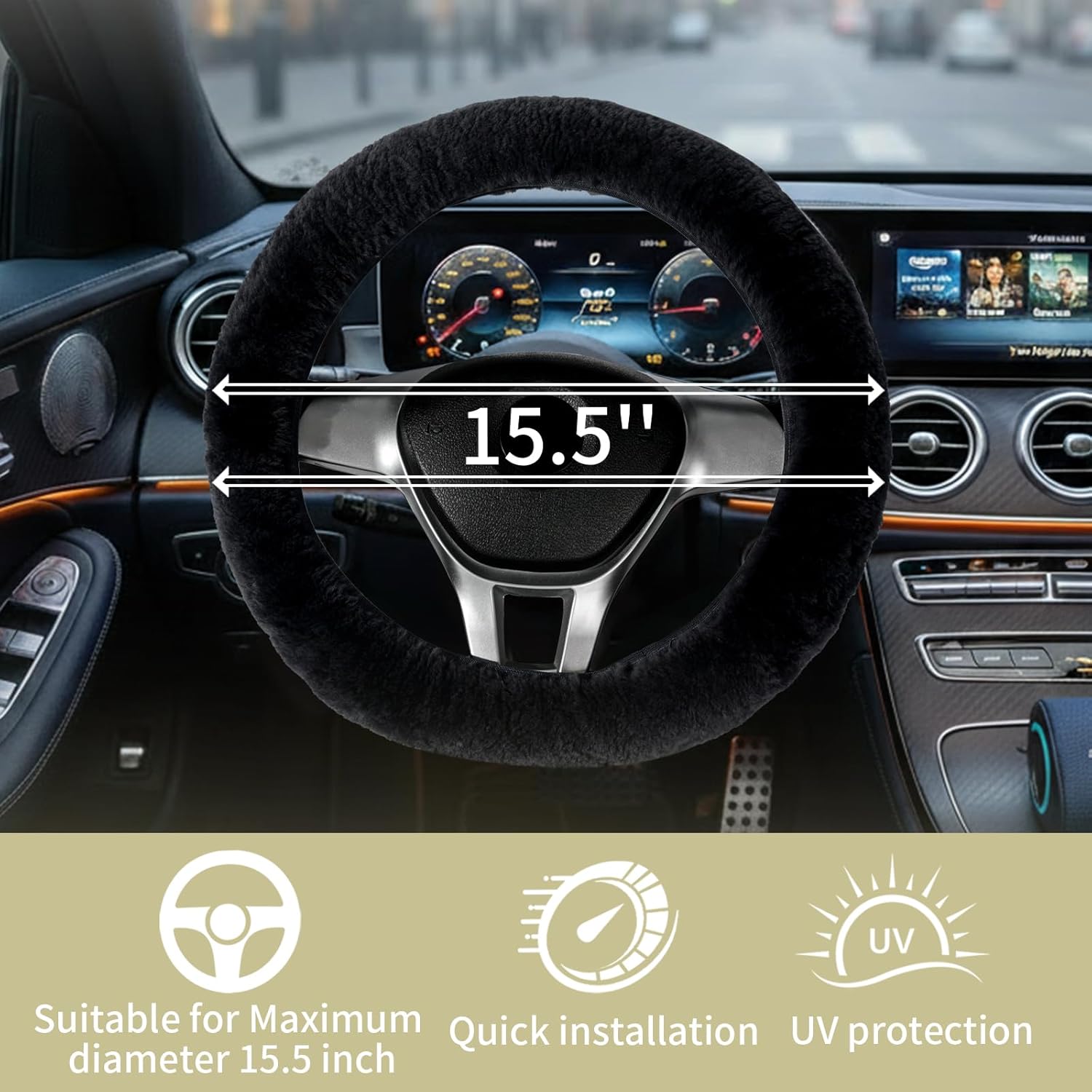 AEGIS Cover Sheepskin Steering Wheel Cover Premium Luxury AUS Genuine Merino Wool All-Season Non-Slip for Cars Fits 14.5-15.5" Wheels (Black)