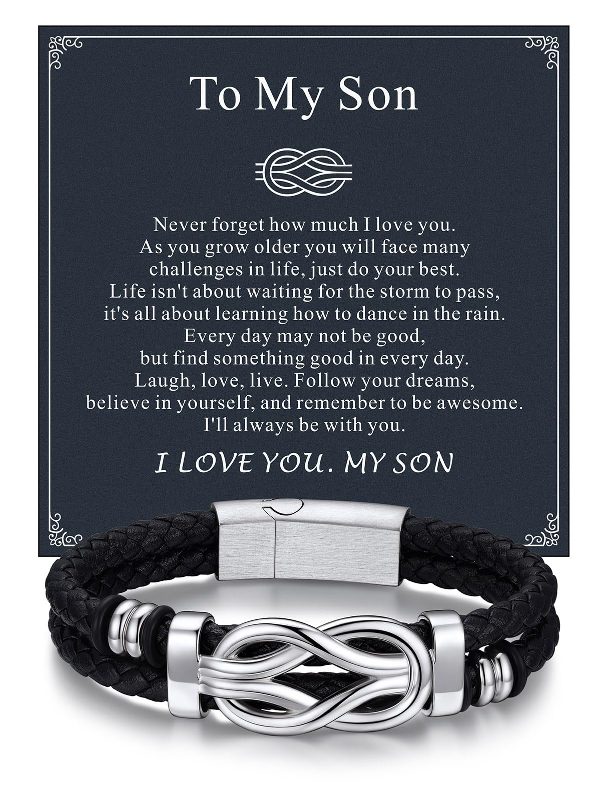 Bandmax Infinity Love Knot Bracelet for Men Black Leather Love Link Cuff Bracelet Mens Gifts for Father's Day Birthday Anniversary Christmas