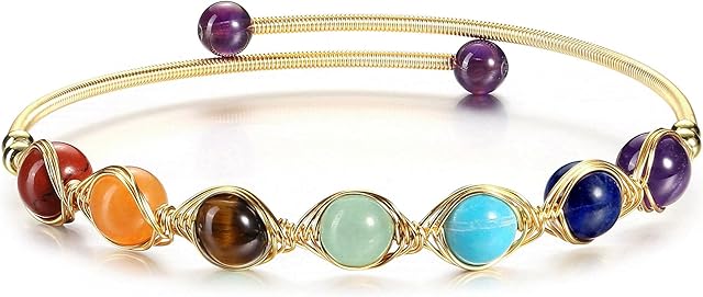 JSDDE 14K Gold Crystal Bangle Cuff Bracelet Healing Energy Gemstones Bead Open Bangle Bracelets Jewelry for Women Christmas Gift