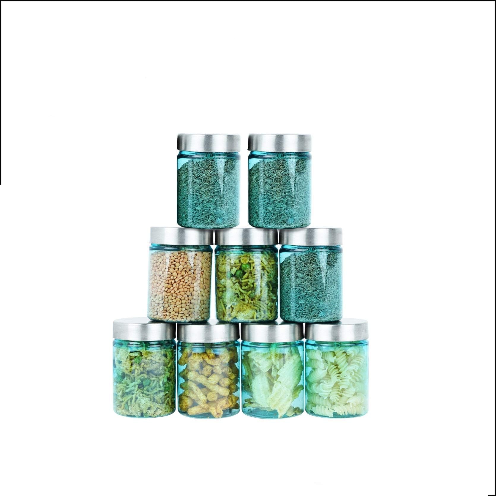 PEARLPET See Green Plus PET Jar with Stainless Steel Matt Finish Cap, Set of 9 Pieces