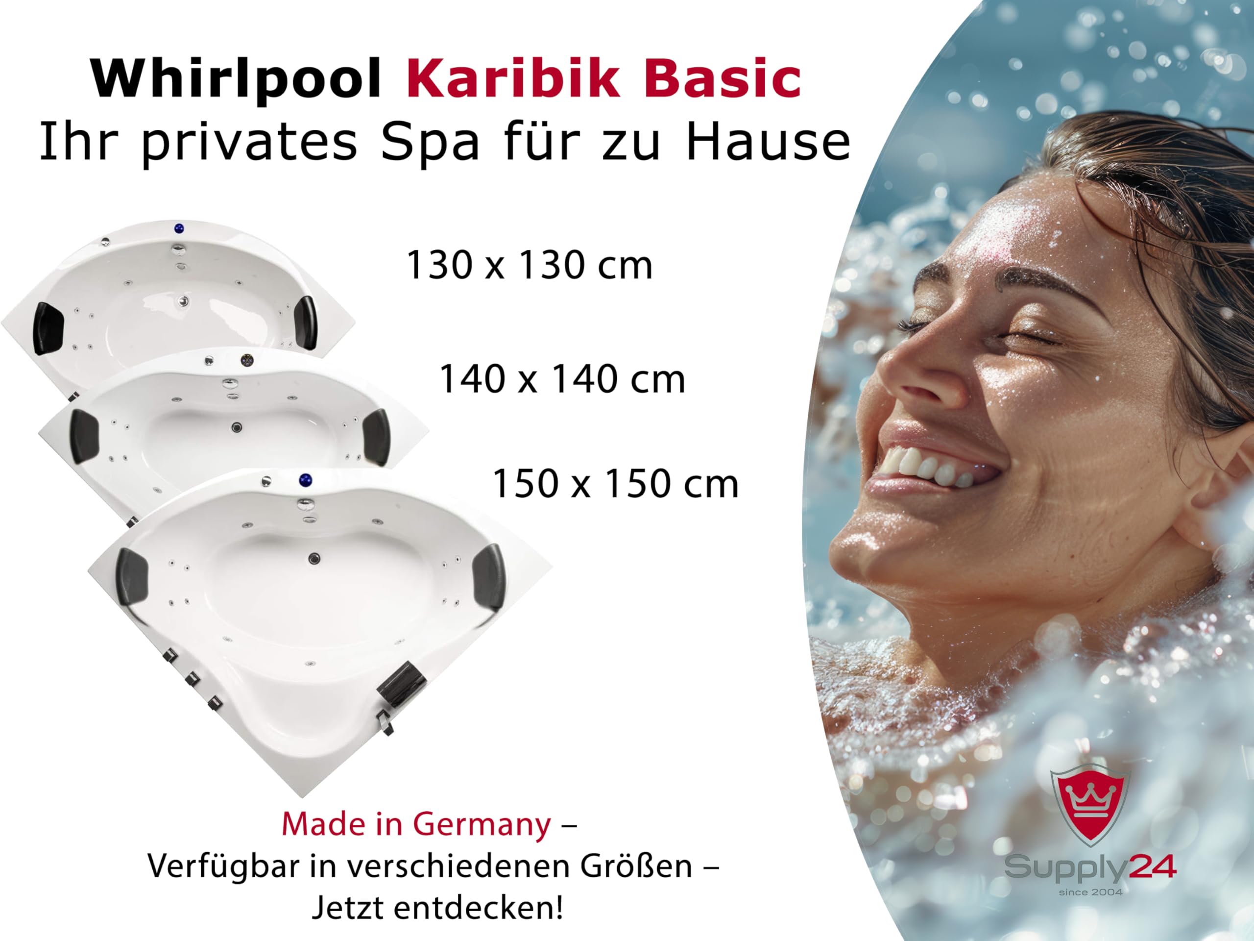 Whirlpool Vasca Caraibi Basic Made in Germany 140 x 140 + 150 x 150 cm con 13 Massaggio Ugelli + Illuminazione Subacquea/Luce + Balboa + con Rubinetti