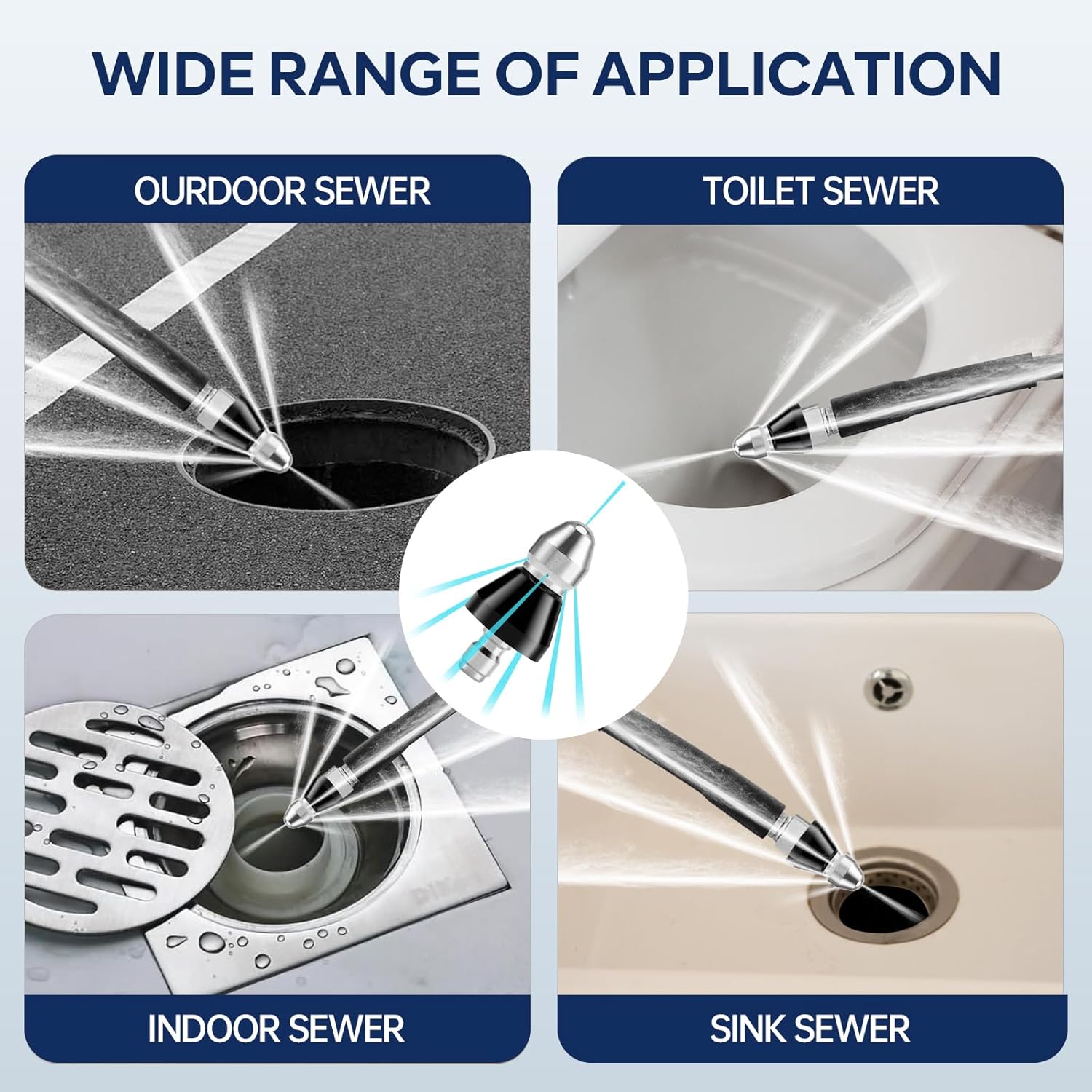 Pressure Washer Sewer Jetter Nozzle, High-Pressure Sewer Cleaning Tool, Stainless Steel, 1 Front Jet and 6 Rear Jets Sewer Jetter Nozzle with 1/4" Quick Connector, 5000PSI, 2 PCS