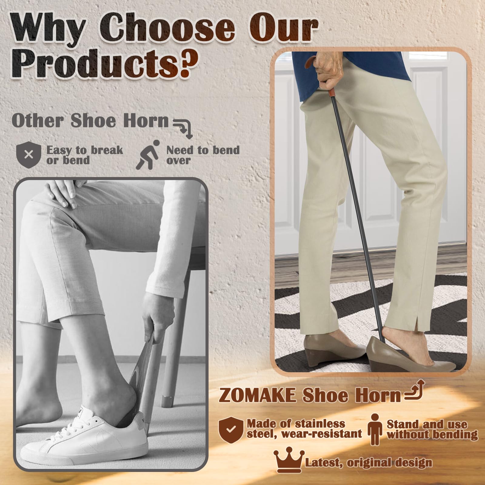 ZOMAKE Calzador Extra Largo 72cm/80cm Acero Inoxidable con Gancho para Personas Mayores