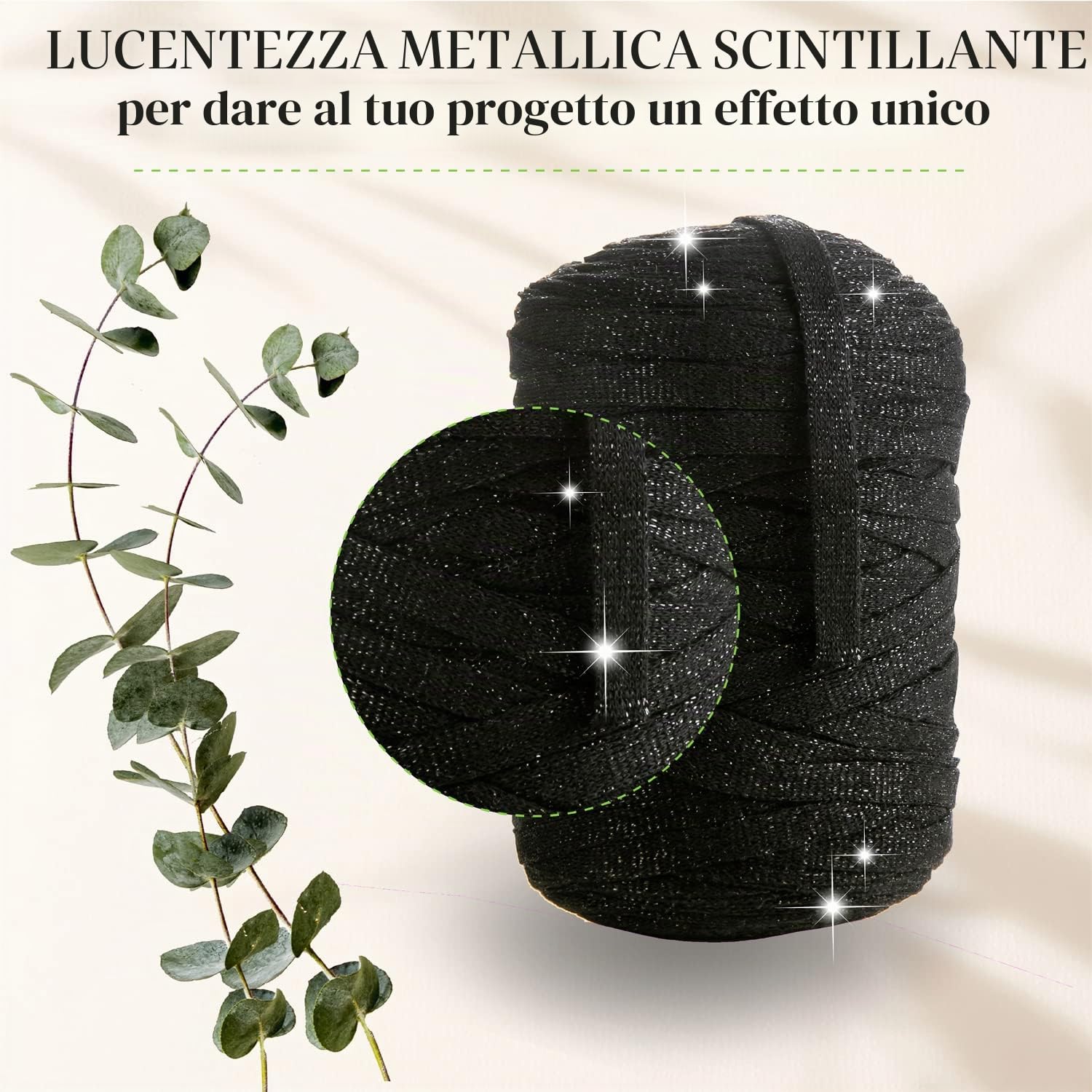 MeriWoolArt® Filato tessile Macramè per uncinetto e maglia - Filato per magliette piatte glitterate fai da te spessore 10 mm, 125 m - Filato di cotone riciclato con Lurex, Viscosa