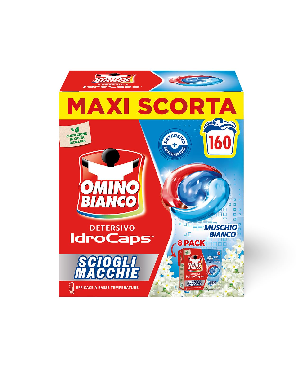 Omino Bianco Idrocaps - Detergente en cápsulas removedor de manchas, 160 lavados, eficaz a baja temperatura, fragancia de espuma blanca, 20 tapas x 8 paquetes