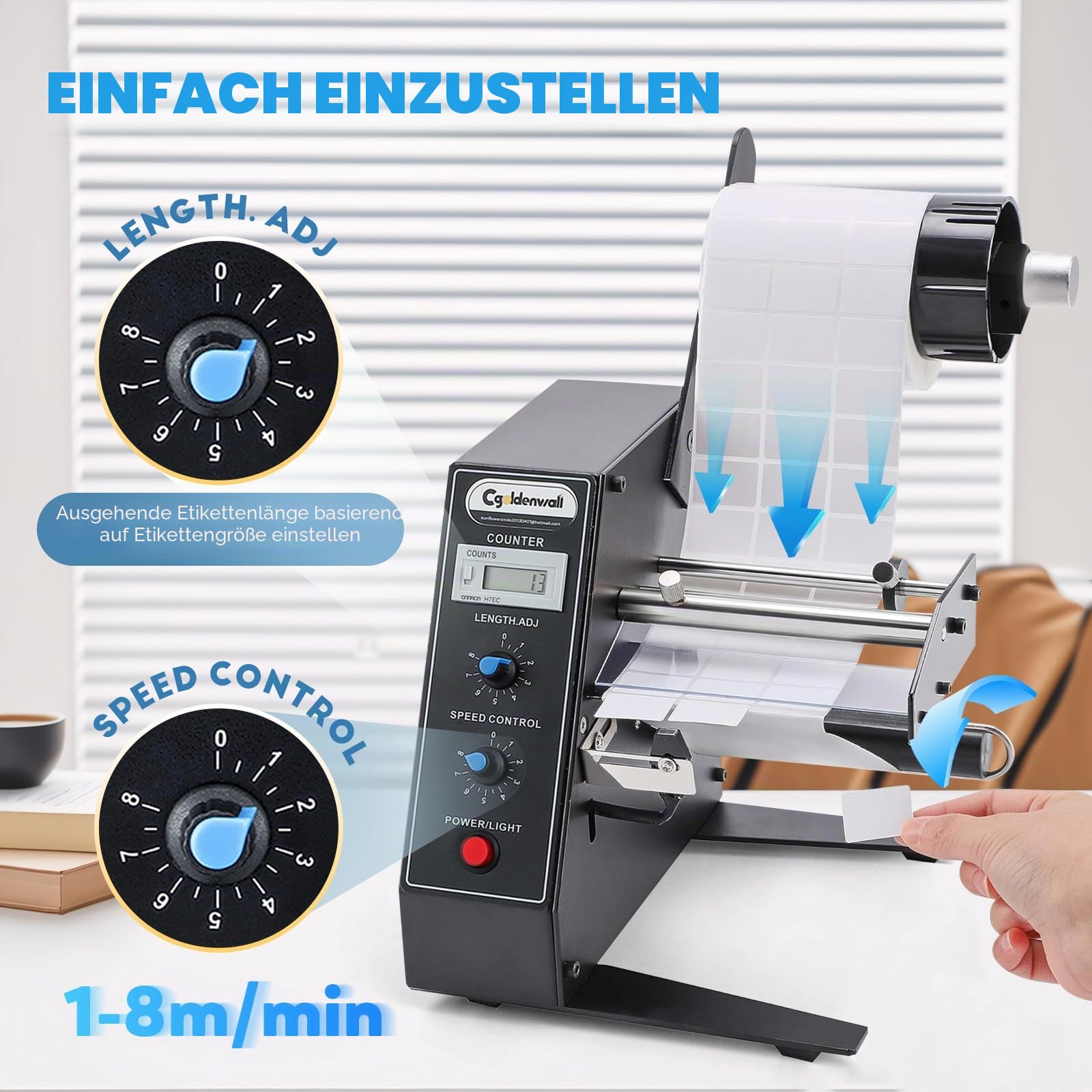 CGOLDENWALL Automatischer Etikettenspender, für Rollenetiketten | Länge und Geschwindigkeit Einstellbar, 1-8 m/min, Zählung von 0-999999, Breite 4-140MM, Länge 3-150MM, für Logistik, Büro
