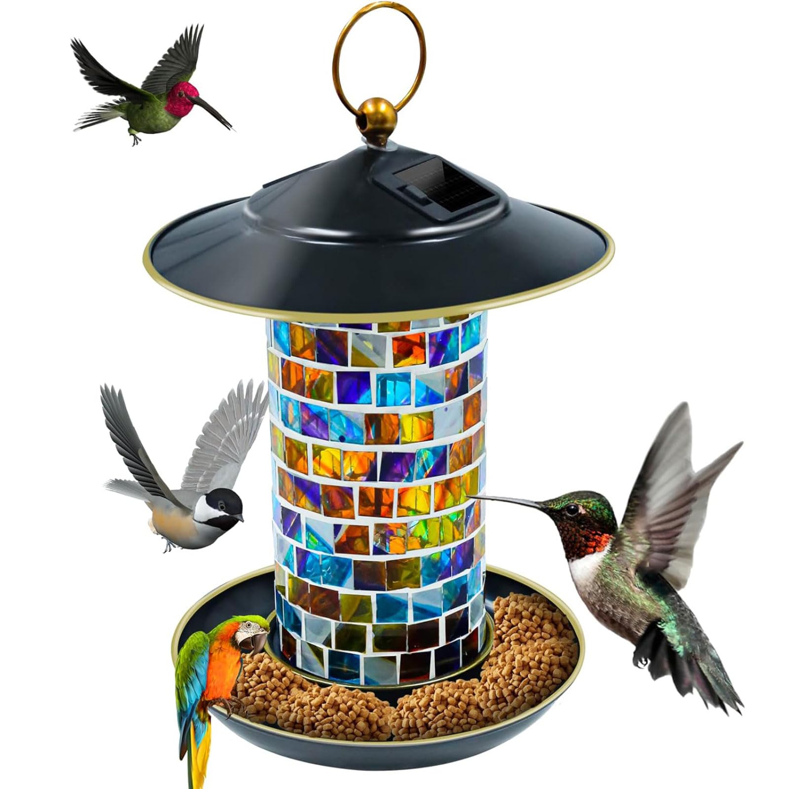 Comedero de Vidrio soplado a Mano con Mosaico, comederos para pájaros Salvajes de Gran Capacidad, comedero para pájaros Colgante de Metal para jardín (Colorido)
