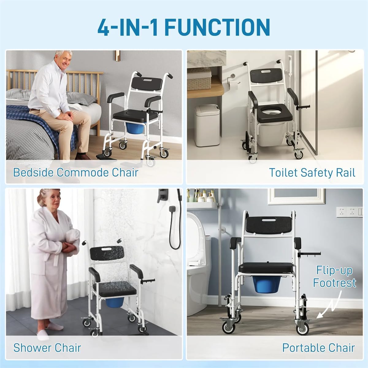 4-in-1 Bedside Commode Chair, Shower Wheelchair Portable Toilet Rolling Transport Chair with Arms & 4 Brakes,Portable Toilet for Adults, Senior, Handicap,Elderly and Disabled,Weight Capacity 300lbs